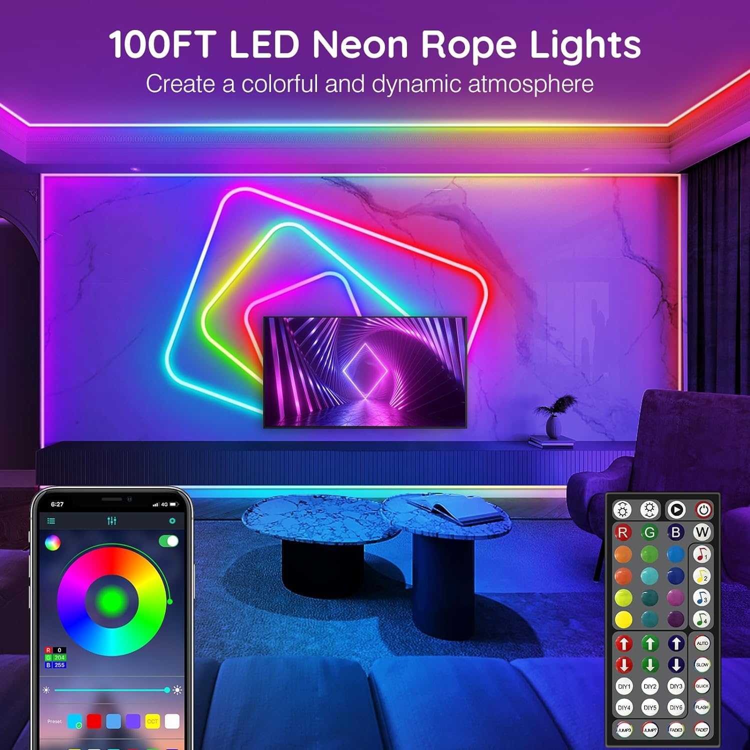 NUERPO 100Ft Neon Rope Lights - Flexible LED, RGB Color, Waterproof, App/Remote Control, Music Sync, Ideal for Bedroom Decor