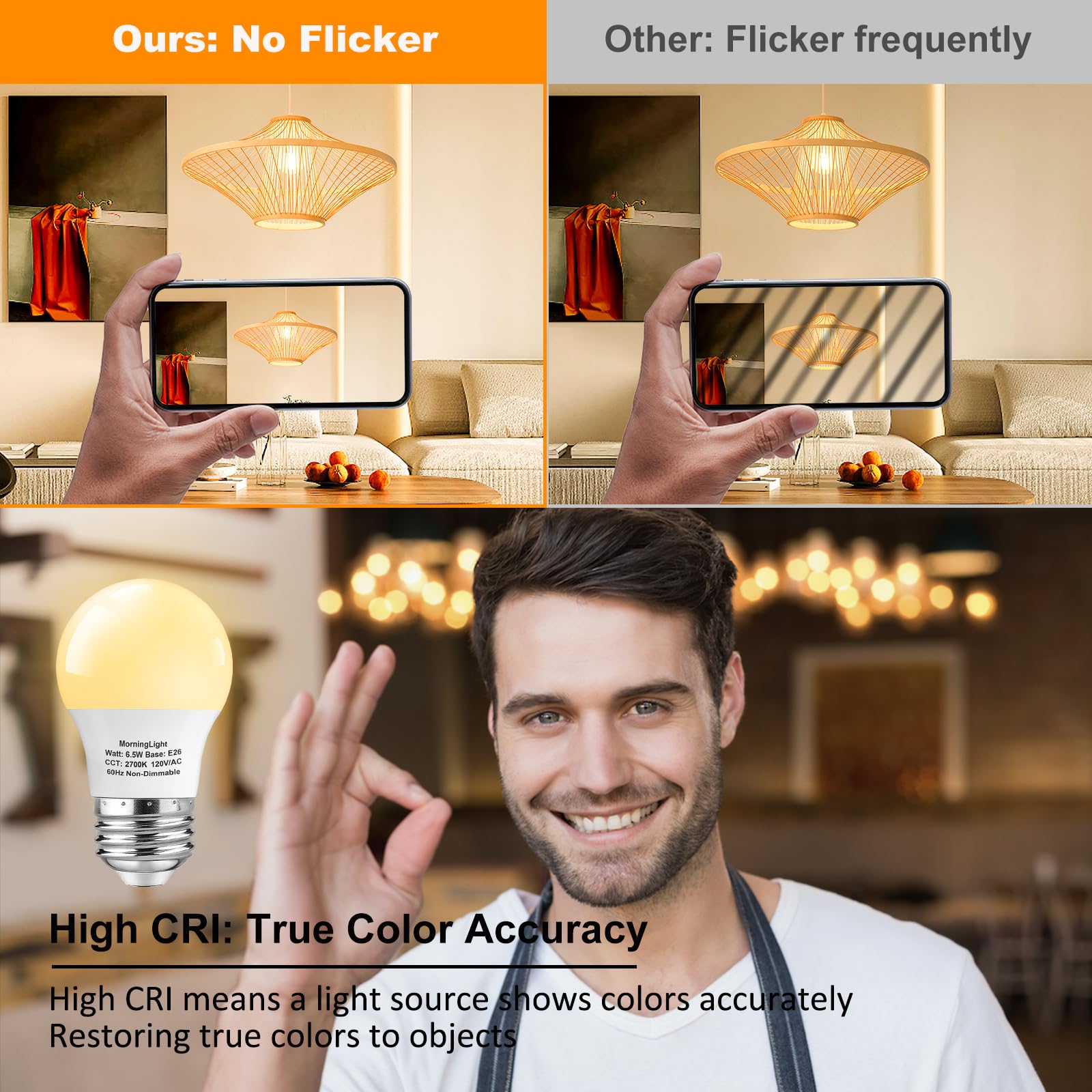 Morninglight 6 Pack A15 Led Bulbs 60 Watt Equivalent, 2700K Warm White, E26 Base, Non-Dimmable, 6.5W 600 Lumens Bulb, A15 6.5W L