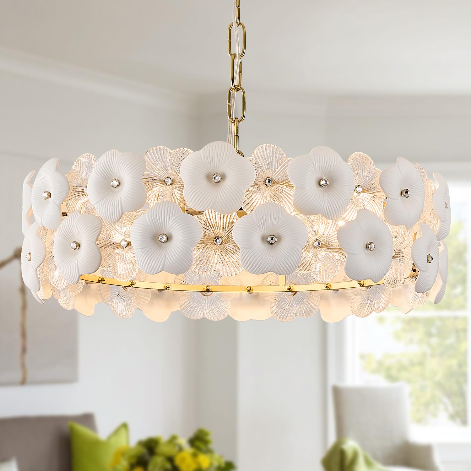 Poemoon Modern Flower Elegant Glass Chandelier 20'' Luxury 6 Lights Gold Chandelier Light Fixture For Living Dining Room Kitchen