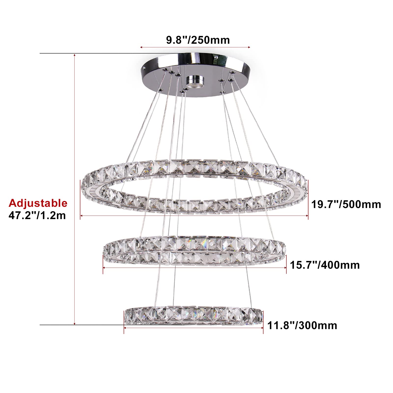 diisunbihuo Modern LED Chandelier, Acrylic, Cool White, Three Rings Pendant Light, 30/40/50 cm for Bedroom, Dining Room, Hallway