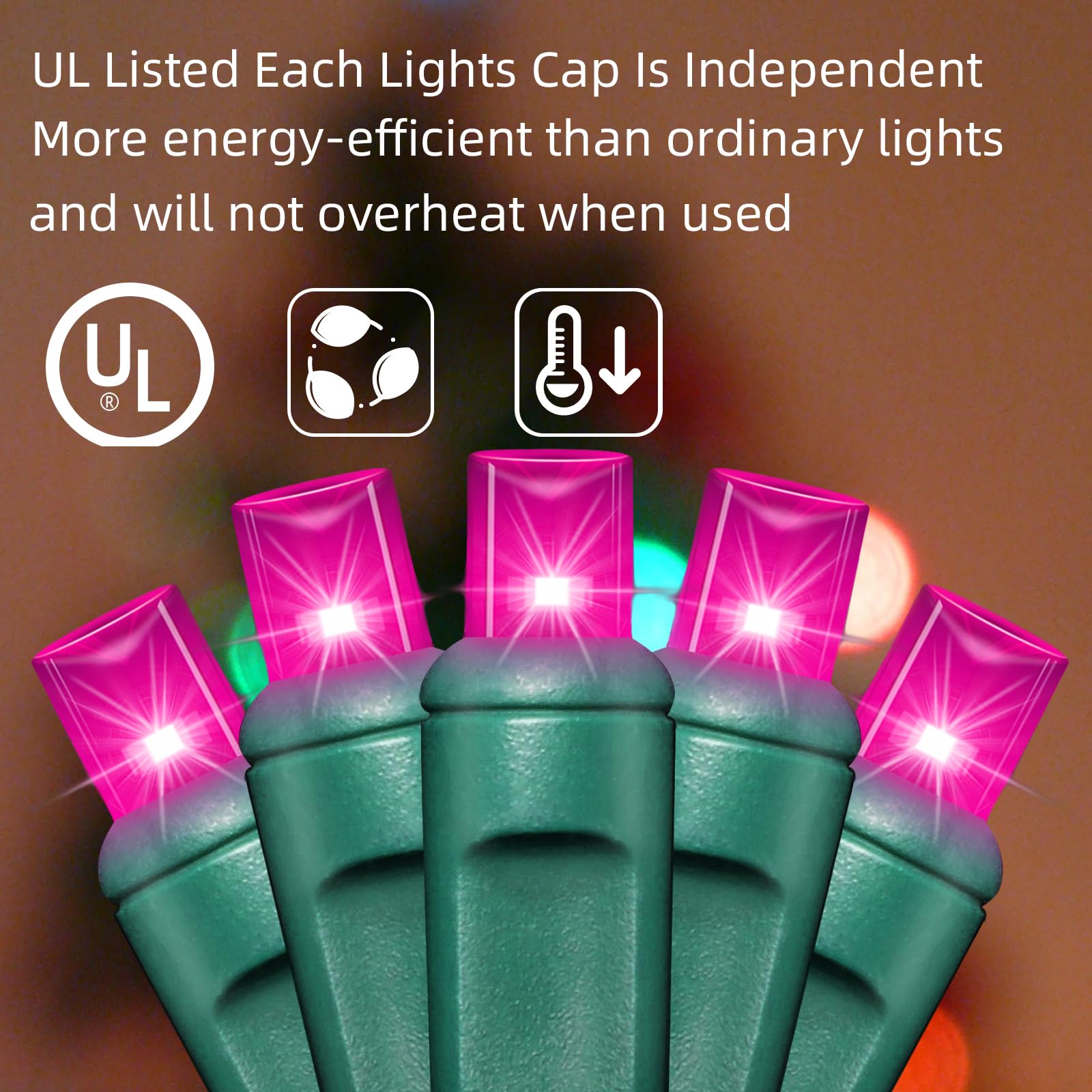 Lamphome 50Led String Lights,Led Christmas Lights,6" Spacing,Green Wire,Pink Colour,Commercial Grade