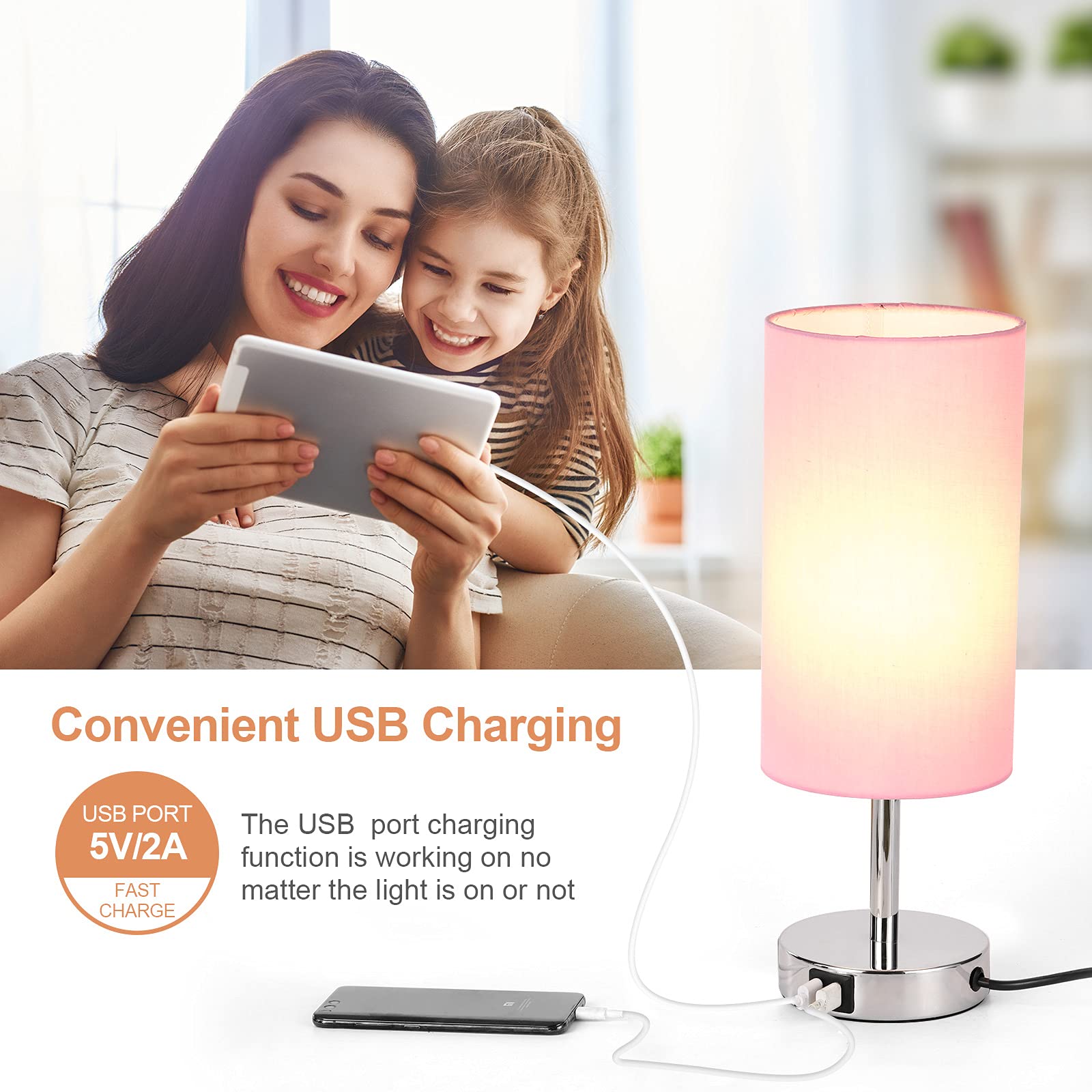 Yarra-Decor Bedside Lamp With Usb Port - Touch Control Table Lamp For Bedroom 3 Way Dimmable Nightstand Lamp With Round Pink Fabric Shade For Living Room, Dorm, Home Office (Led Bulb Included)