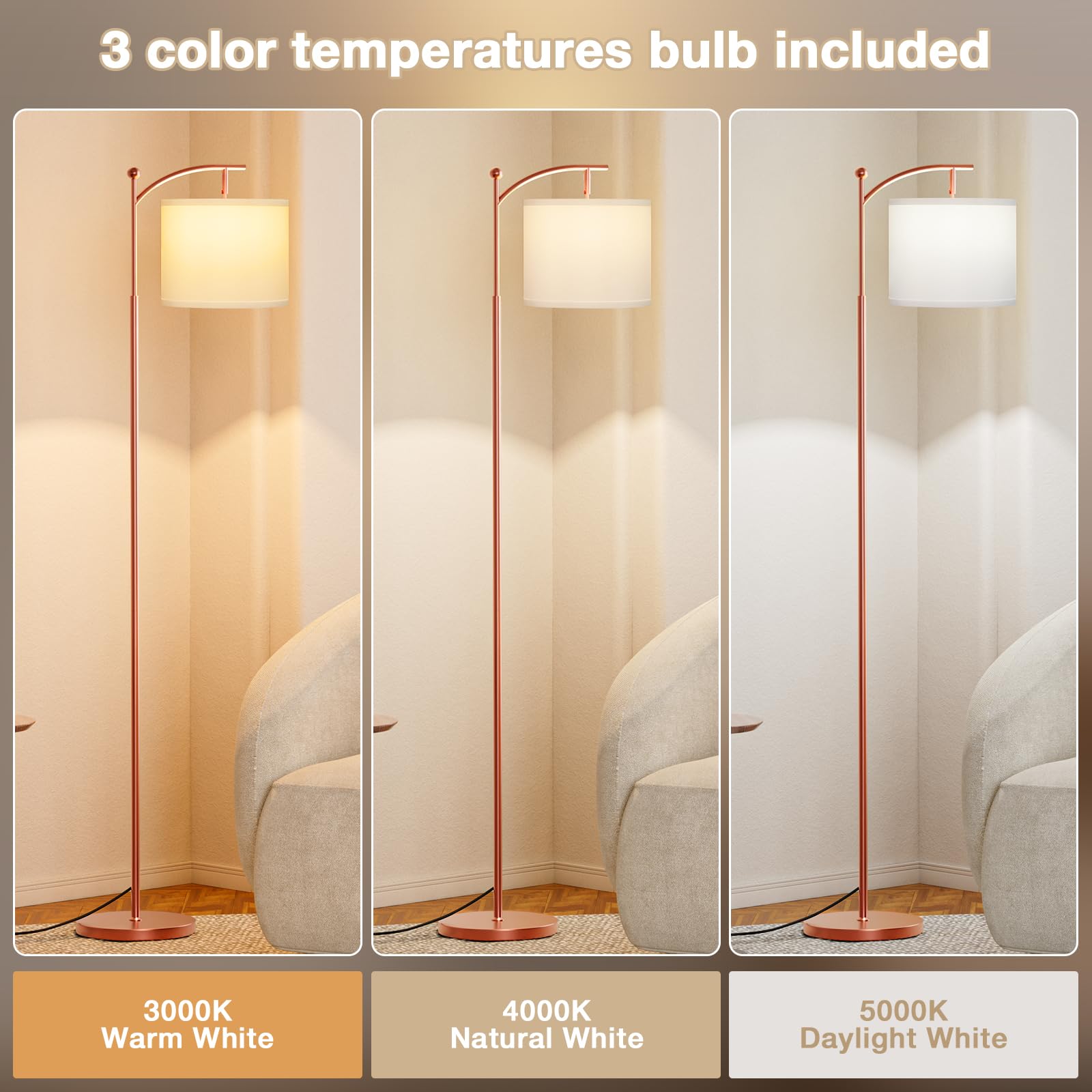 60'' Floor Lamps For Living Room With 3 Color Temperatures, Adjustable White Shade With Rose Gold Pole, Tall Lamps For Living Ro
