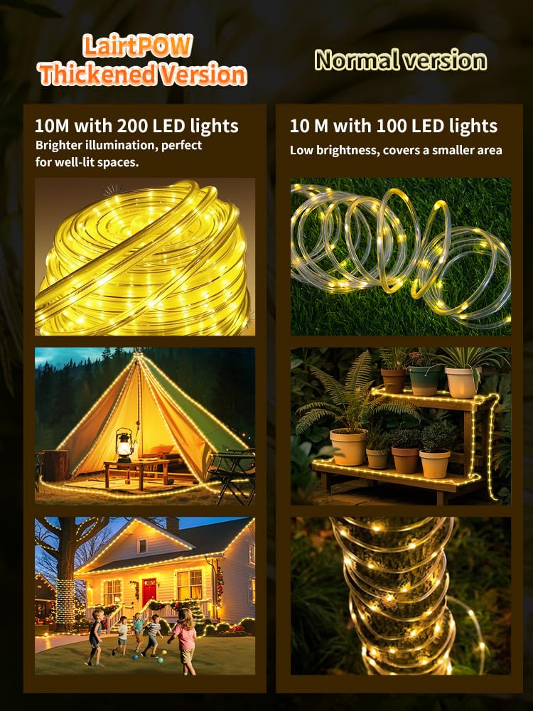 Larger Tube Solar Rope Lights 200Leds Waterproof,Rechargeable Battery,Dual Charging,39Ft Outdoor String Light,Remote-Control,For