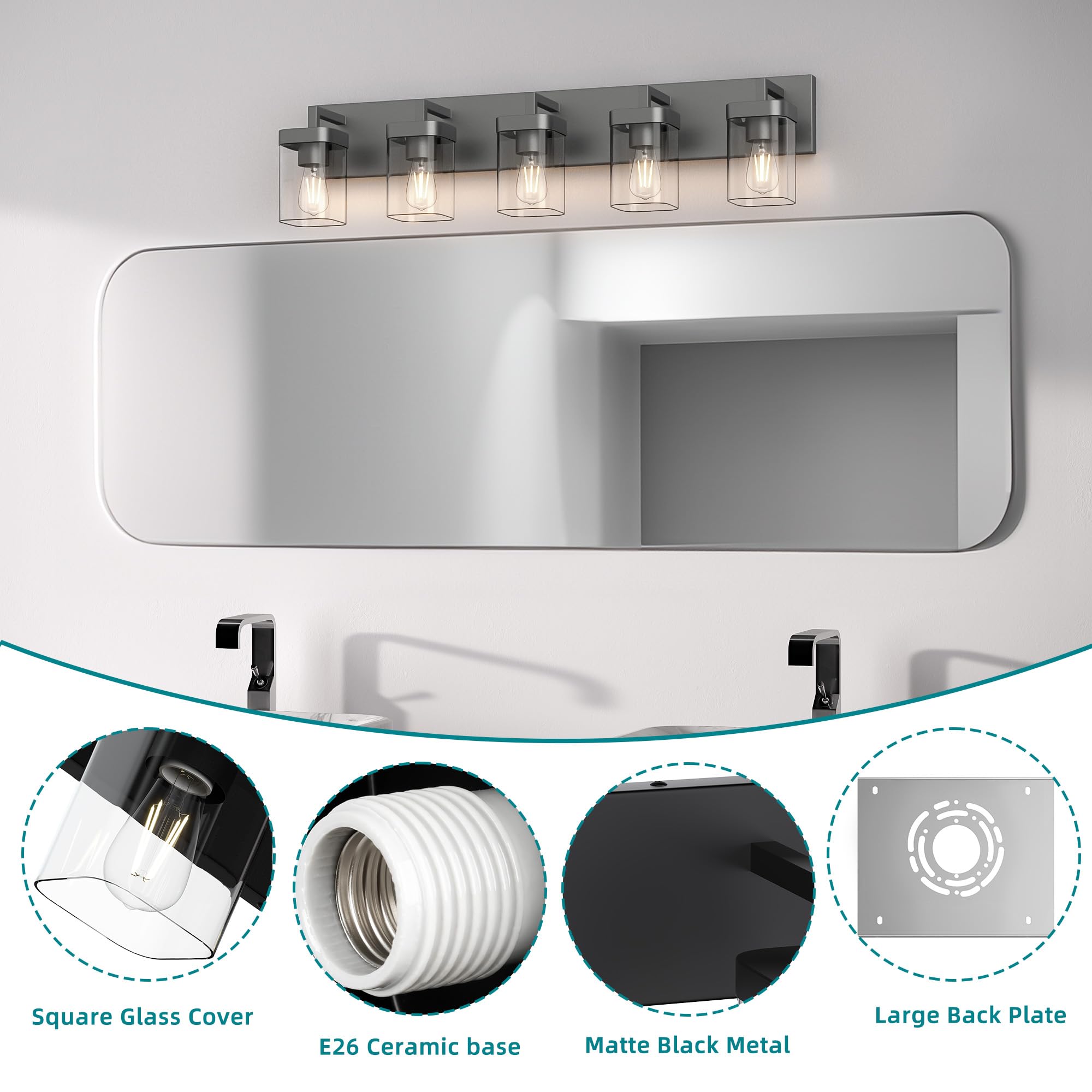 Danshinro 5-Light Bathroom Vanity Light, Black Metal Square Design, Model L23-5-BK, Modern Fixtures for Bathroom/Living Room/Bedroom