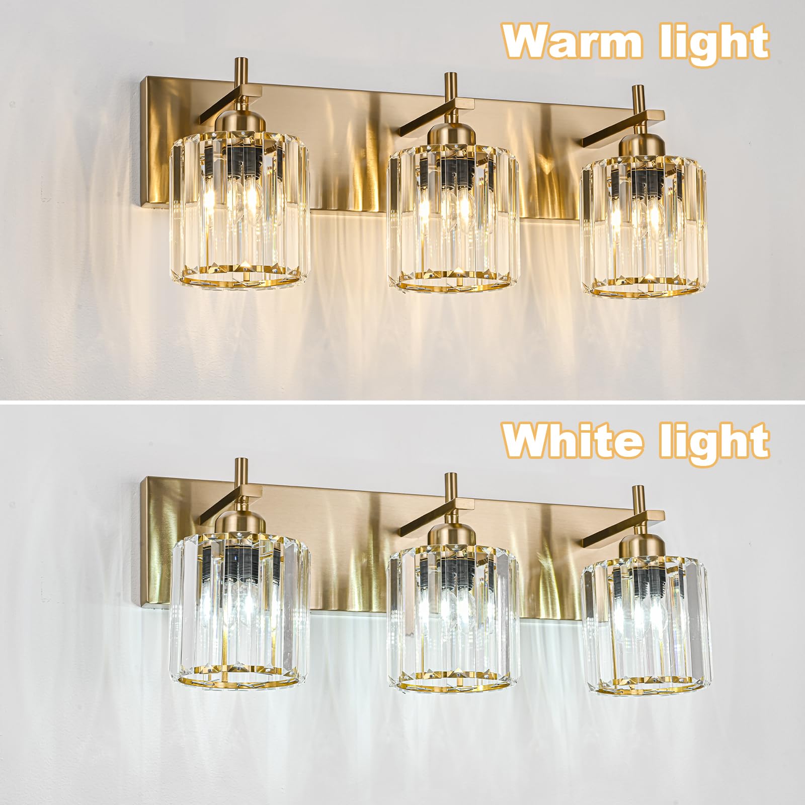HUOKU Bathroom Vanity Lights, 3-Light Crystal Wall Lighting, Gold Finish, Metal and Crystal, Over Mirror Fixture