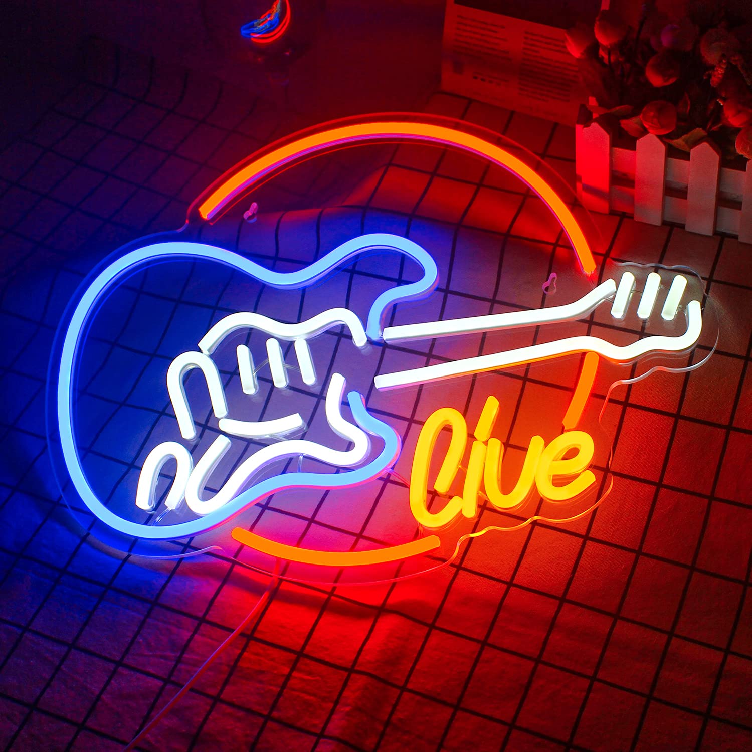 Wanxing Guitar Shape LED Neon Sign - Colorful Decor for Music Studio, 12.6x15.7 inches, USB Powered, Acrylic, Glass, Metal