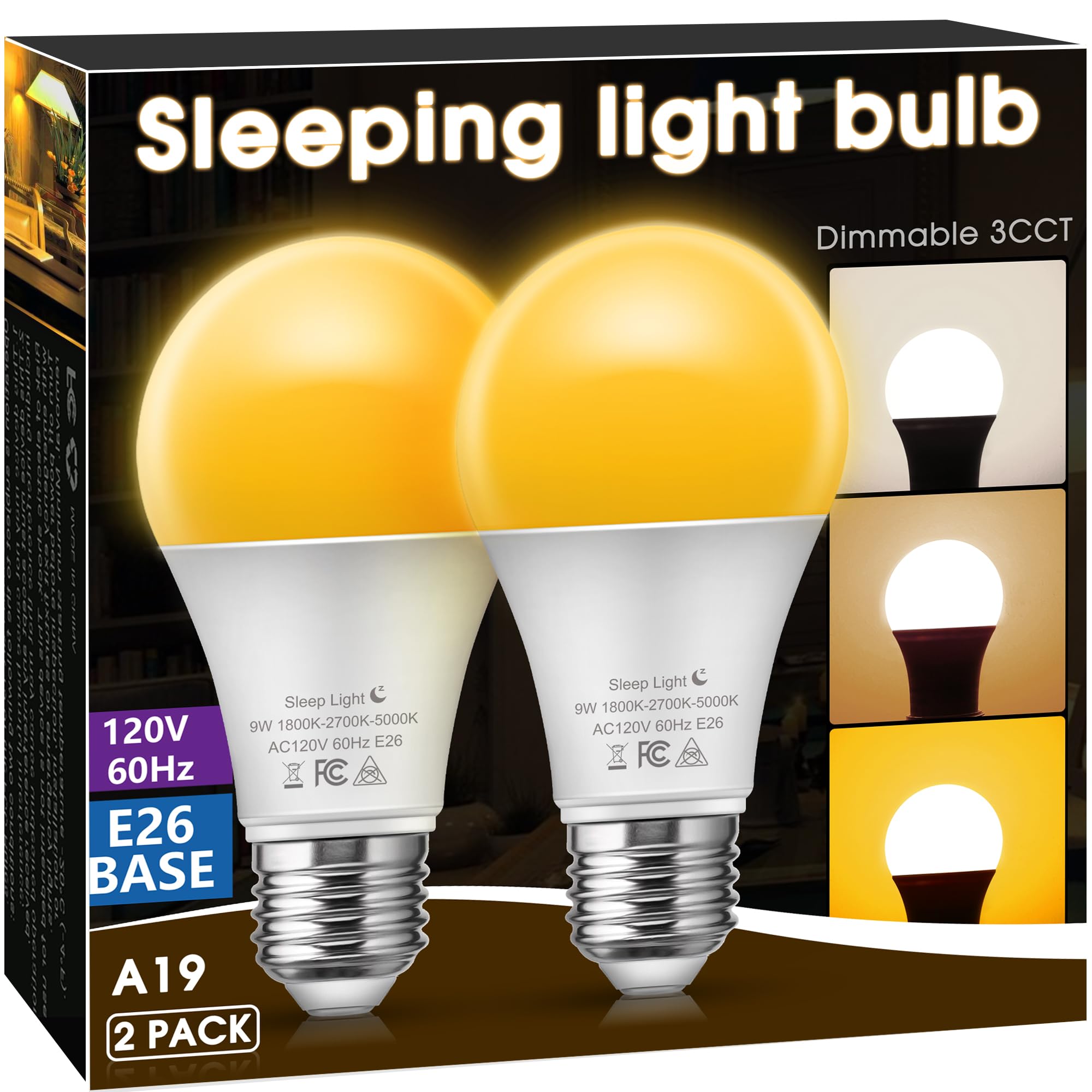 Led Light Bulbs, Warm Light Bulb 9W Equivalent 60W, A19 E26 Base - 3Cct Adjustable (1800K/2700K/5000K) For Lamps, Amber Night Li