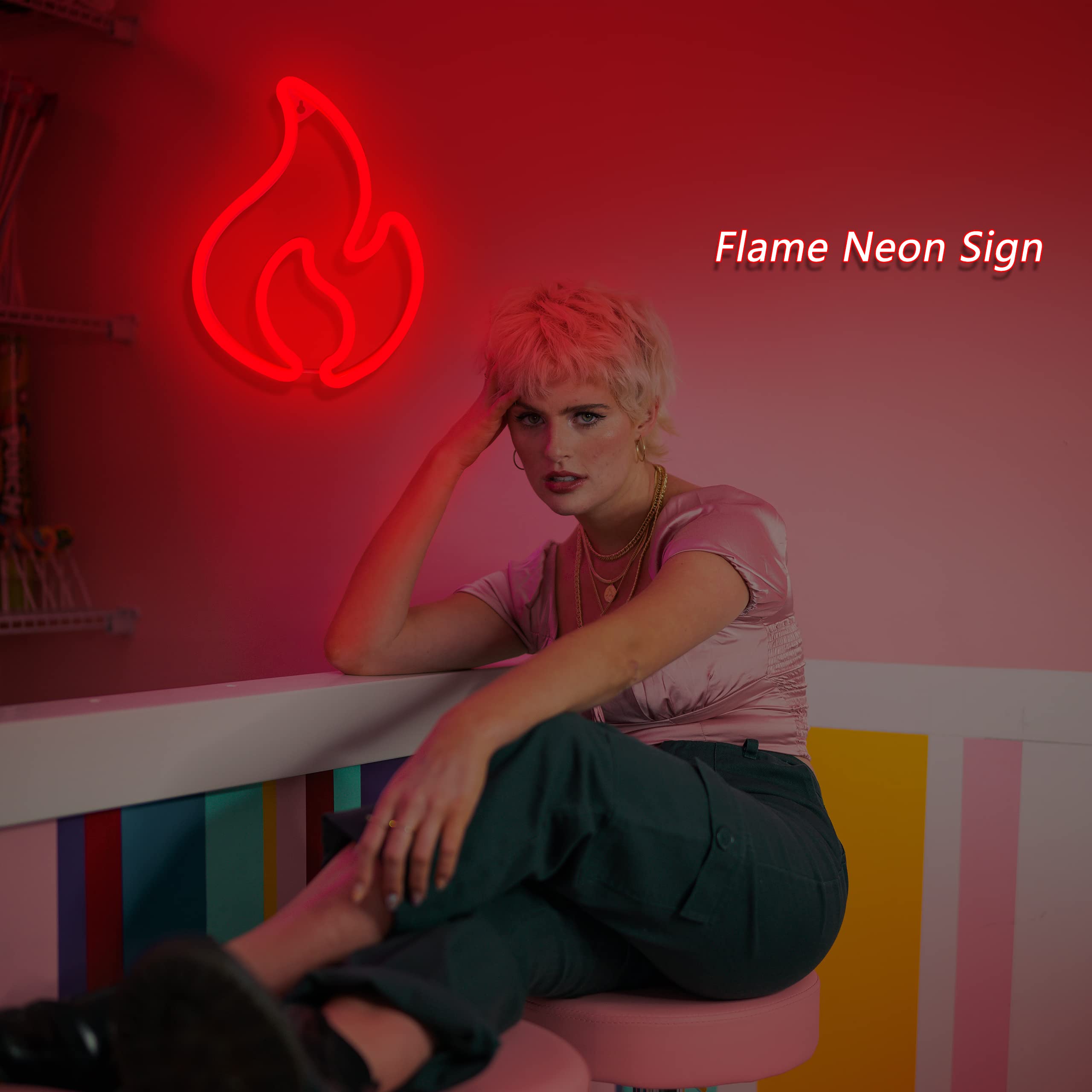 BerniceKelly Flame Neon Sign LED Light for Wall Decor, USB/Battery Powered, Red, Model 268YYI-NHD2203081
