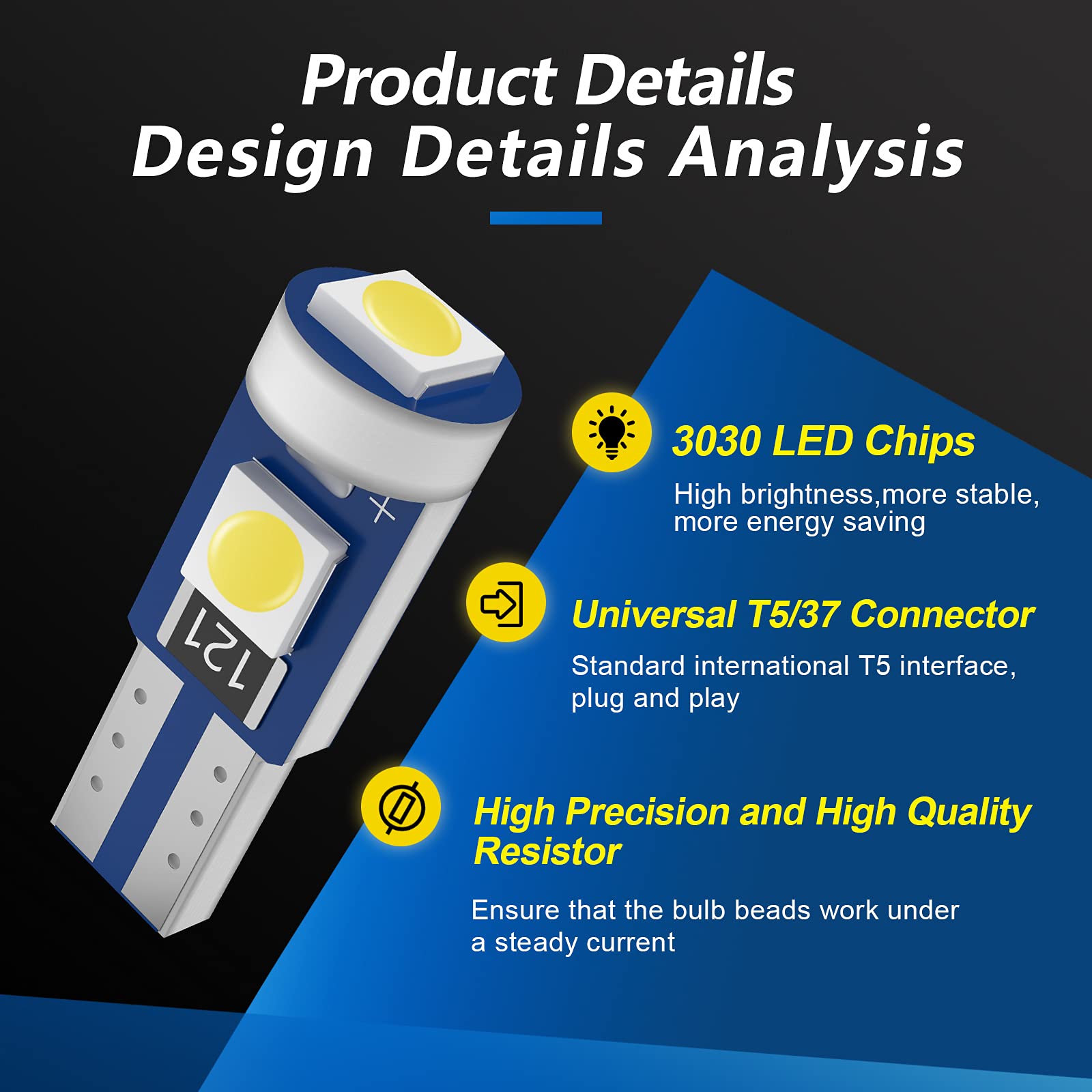 T5 Led Bulb, Cciyu 37 74 2721 3-Smd 3030 Led Bulb, Super White 73 2723 70 79 Wedge Led Bulb T5 Replacement Dash Dashboard Lights Instrument Panel Cluster Led Lamps Reading Light Map Light Bulb, 10Pcs