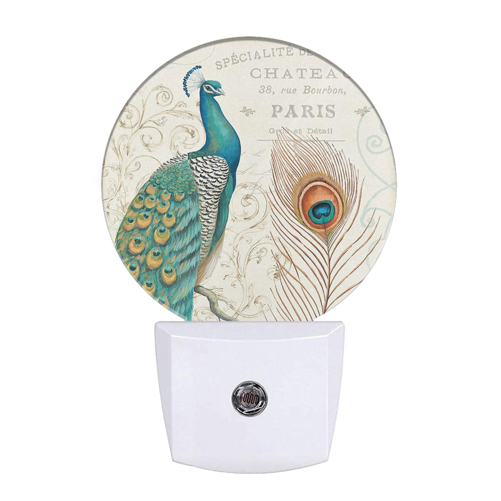 EKOBLA Peacock Floral Decorative Night Light Peacock Feather Retro Night Lights Plug into Wall Auto Sensor Led Lamp 0.5W Sleep F