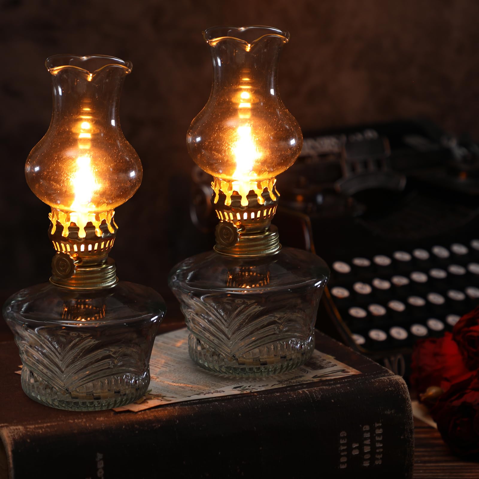 Yexiya 2 Pieces Rustic Oil Lamp Lantern Large Classic Kerosene Lamp Vintage Glass Kerosene Lamp Chamber Oil Lamps With 6.6 Ft Extra Oil Lamp Wick For Indoor Use Home Decor Lighting (Lovely)
