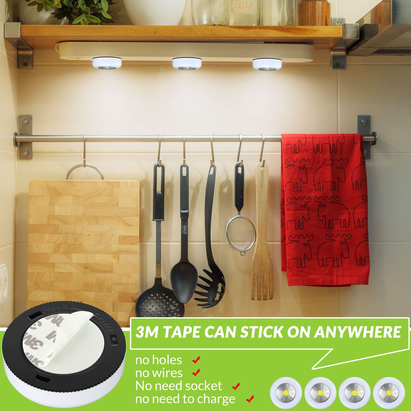 Macarrie 24 Pcs LED Puck Lights - Wireless, Battery Operated, 60 Lumens, Touch Control, White for Under Cabinet and Closet Lighting