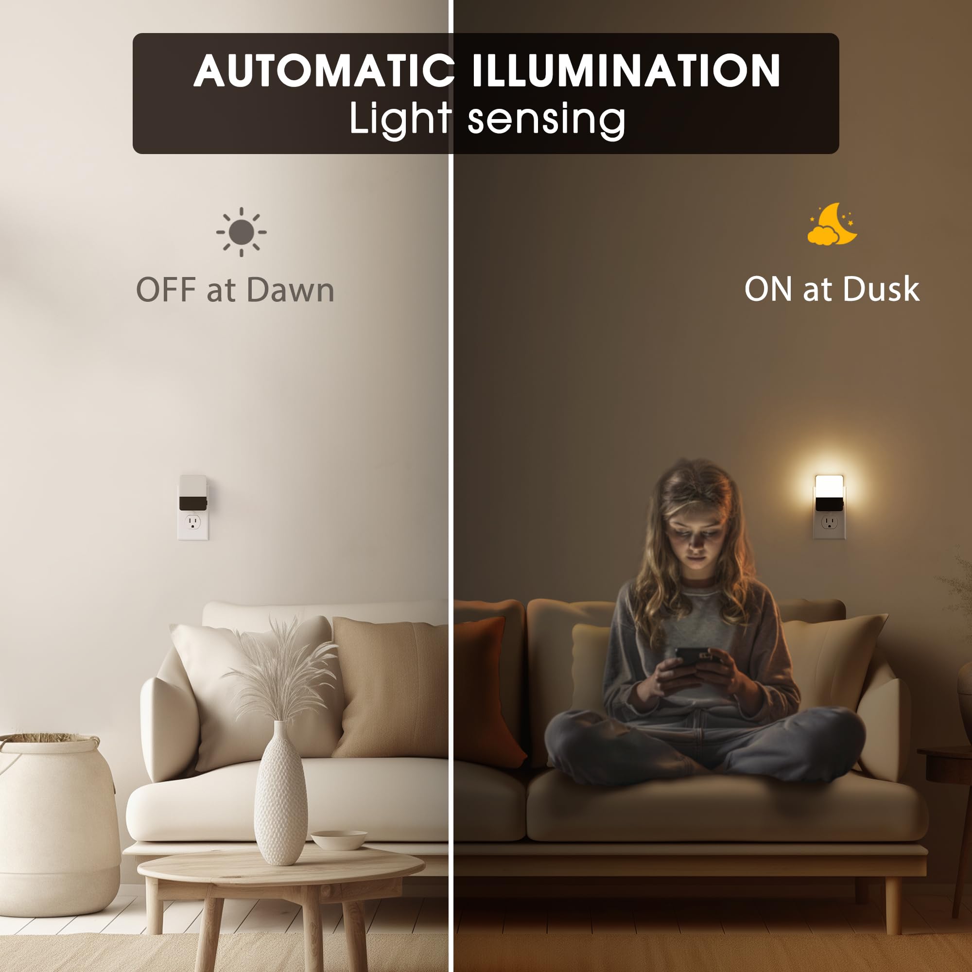 Briignite Night Light Plug with Dusk to Dawn Sensor, Soft White 3000K, 3-Level Brightness, 2 Pack, Plastic