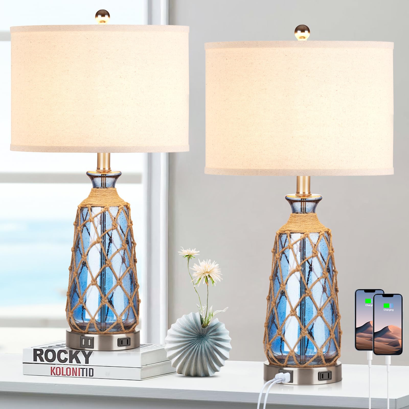 Ruzectt 25.5'' Coastal Glass Table Lamps Set Of 2, 3-Way Dimmable Touch Control Bedside Lamps With 2 Usb Ports And Ac Outlet, Bl