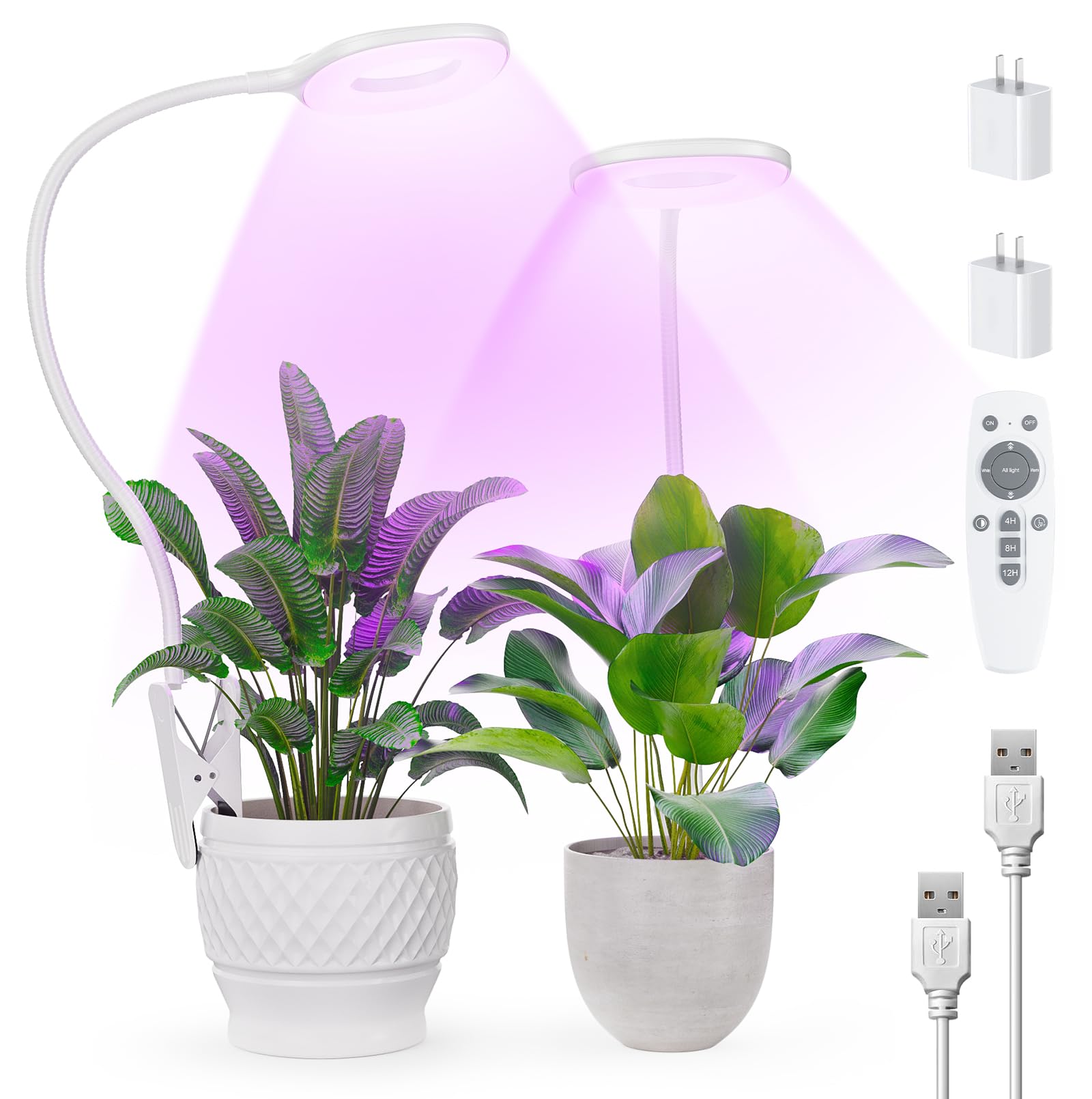 POBOMVOM Full Spectrum Grow Lights, Clip On, 4/8/12H Timer, 3 Modes, 10 Dimmable Levels, Adjustable Gooseneck, White,
