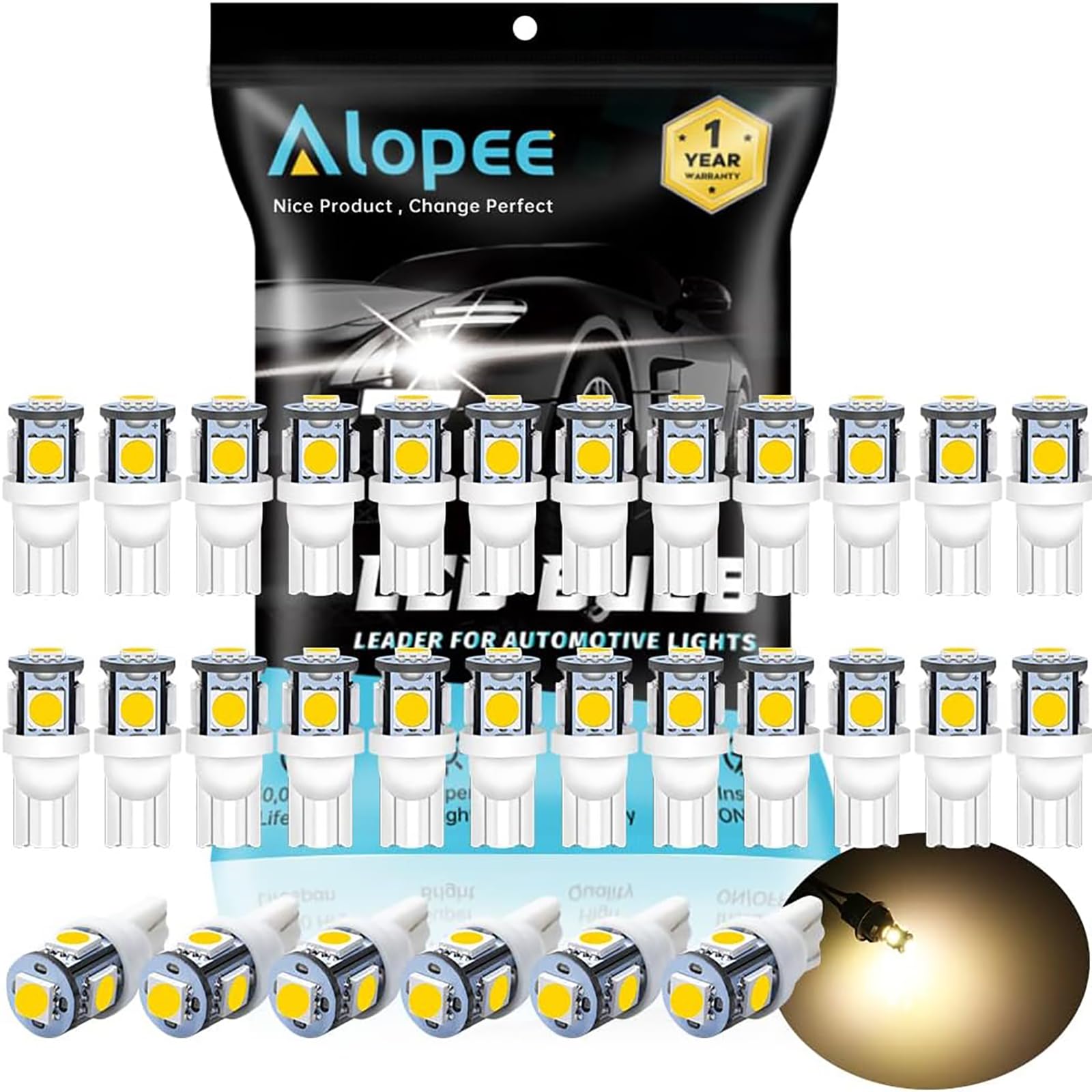 Alopee 194 LED Bulb Warm White 3000K T10 Wedge 5SMD 5050 Chips for Interior Car Lights DC 12V