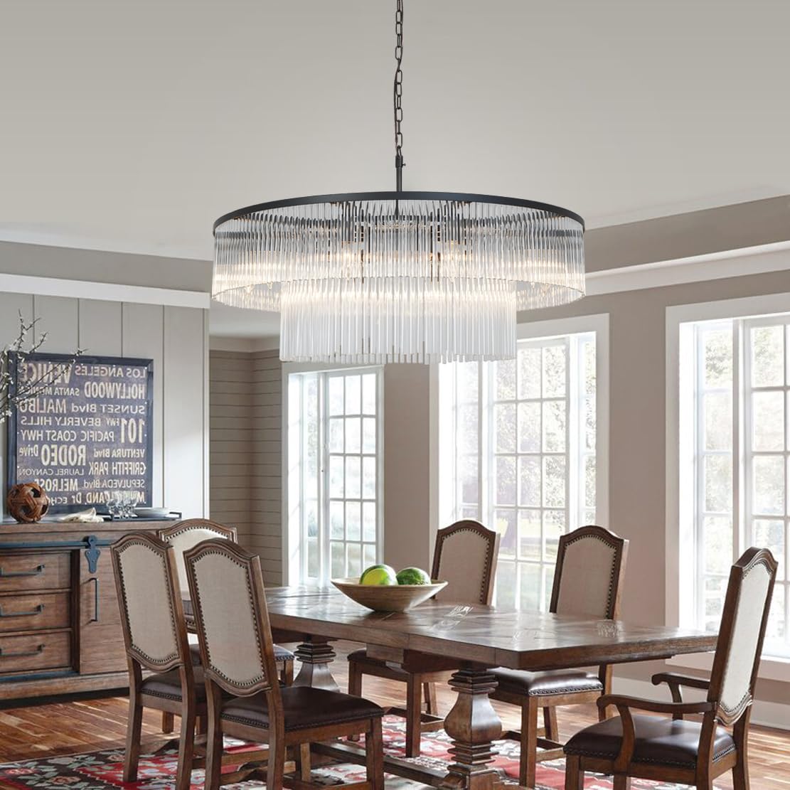 Akeelighting Contemporary Black Chandeliers, 2-Tier Dining Room Glass Chandelier Lighting 10 Lights Round Chandelier For Living