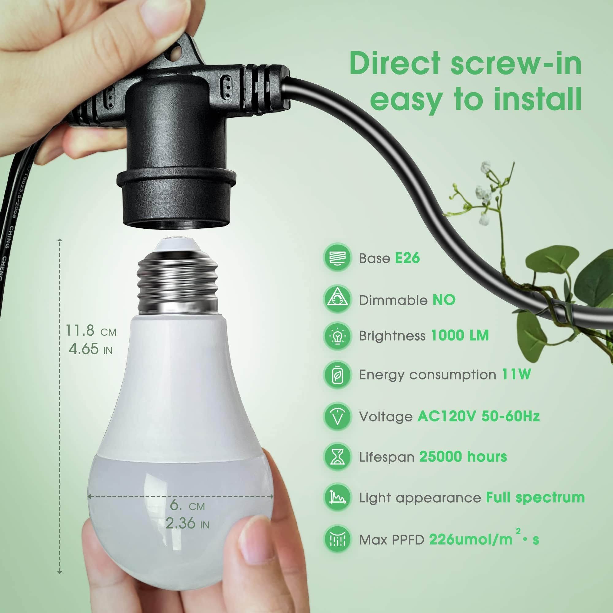 Briignite 5000K Hanging Grow Light - 3 LED Bulbs, E26 Base, Linkable, 8.86ft Cord, Daylight White, Indoor Plant Lighting, 300