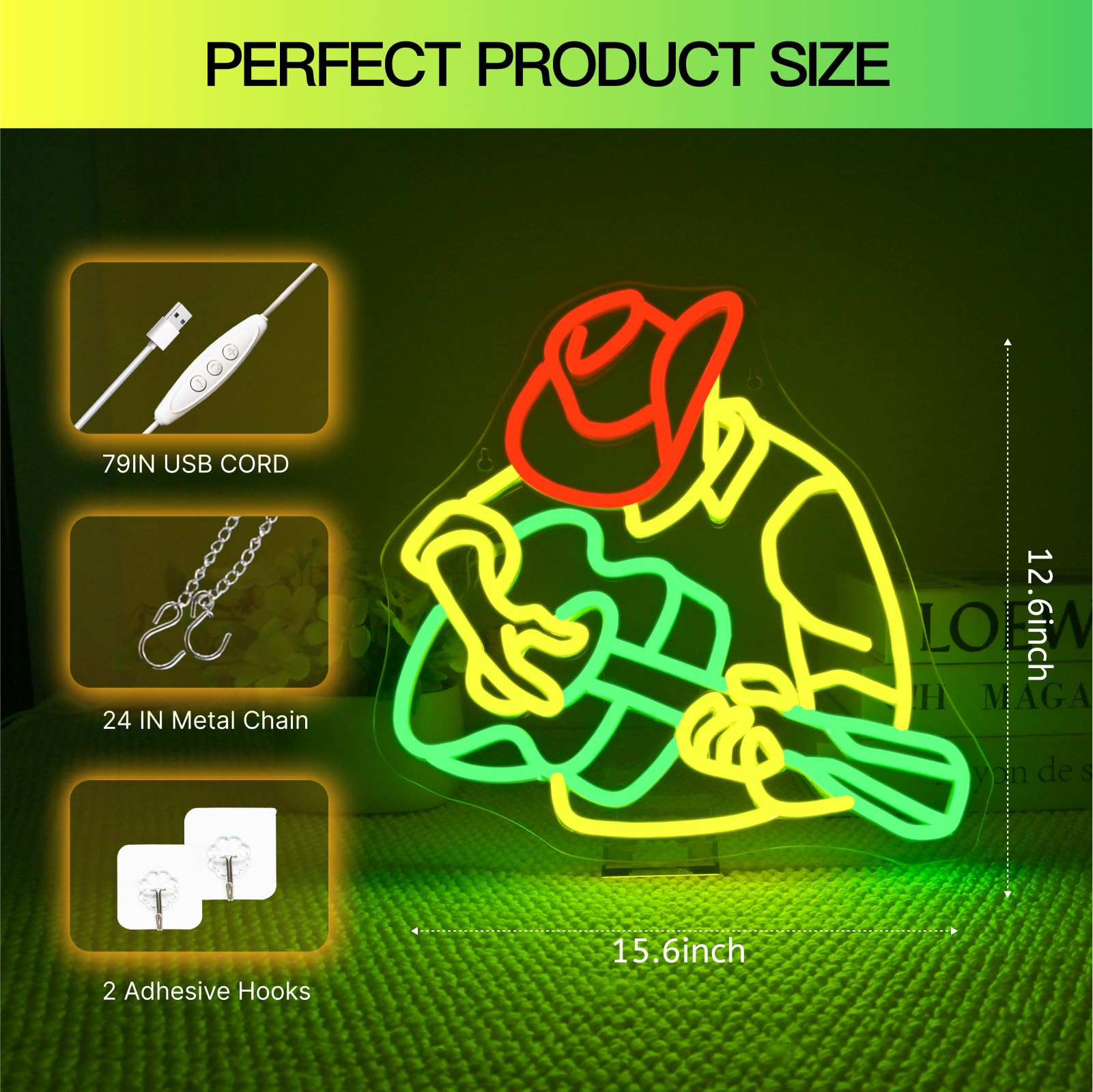 Wanxing Cowboy Neon Sign, Dimmable USB Powered, 14.9inx12.6in, Colorful Guitar Wall Decor for Western Bar, Cafe, Man Cave