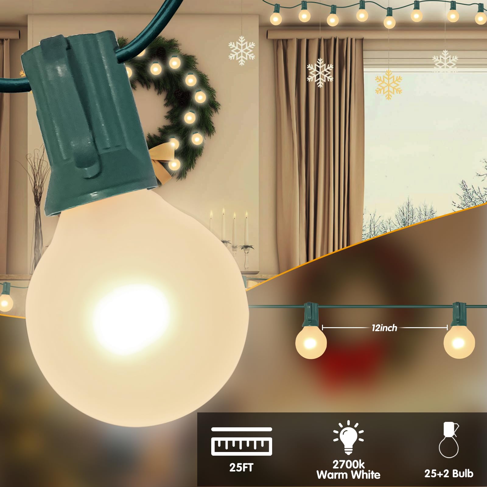 G40 Christmas Lights 25Ft Frosted Christmas Lights With 27 Edison Incandescent Round Bulbs Connectable Globe Light For Indoor/Outdoor Tree Holiday Party Garden Decor Green Wire