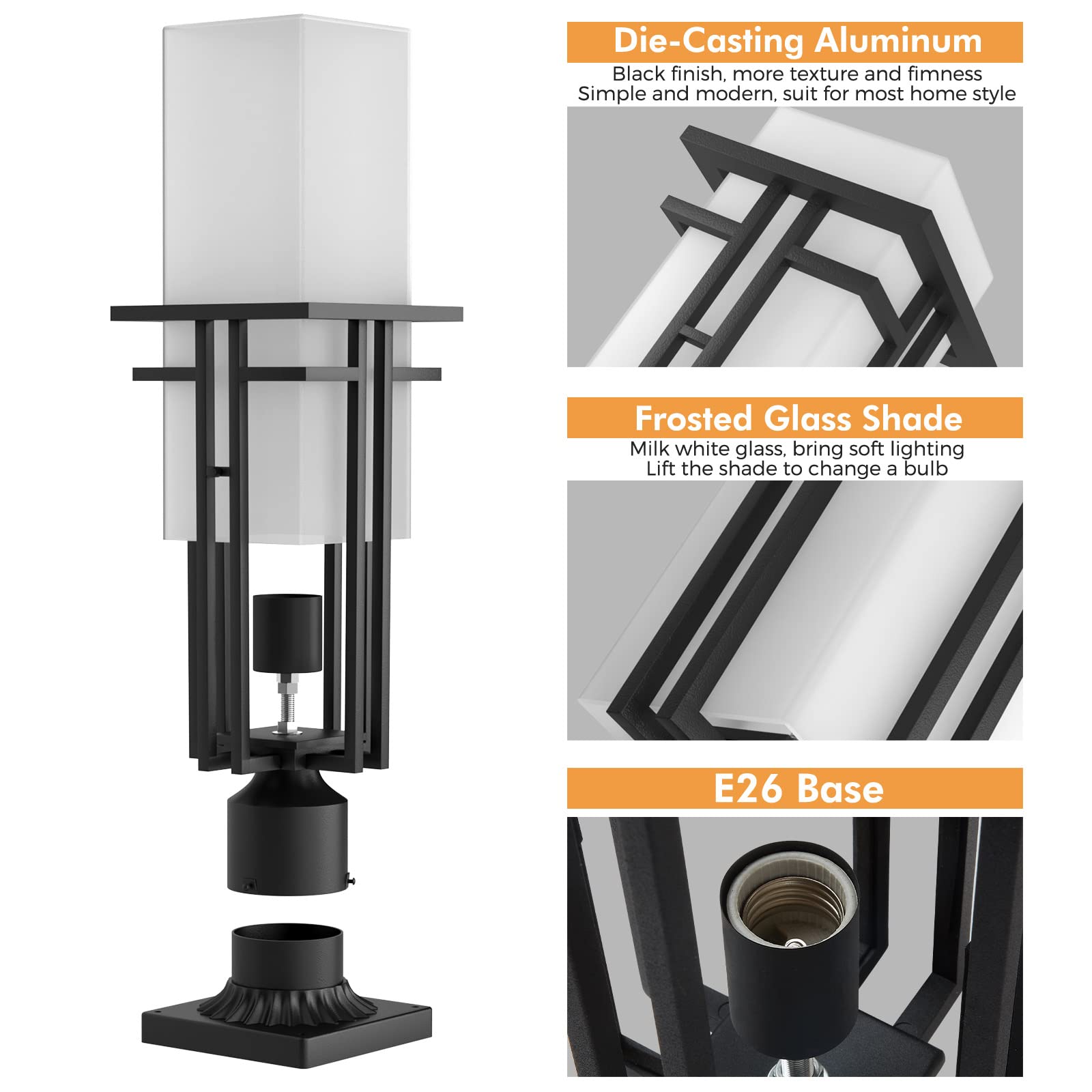 Yoenecea Outdoor Post Light Fixture - Aluminum Lamp Post, 19.3''H, Black and Milk White, Model YX-ZD01, 3-Inch Pier Mount Base