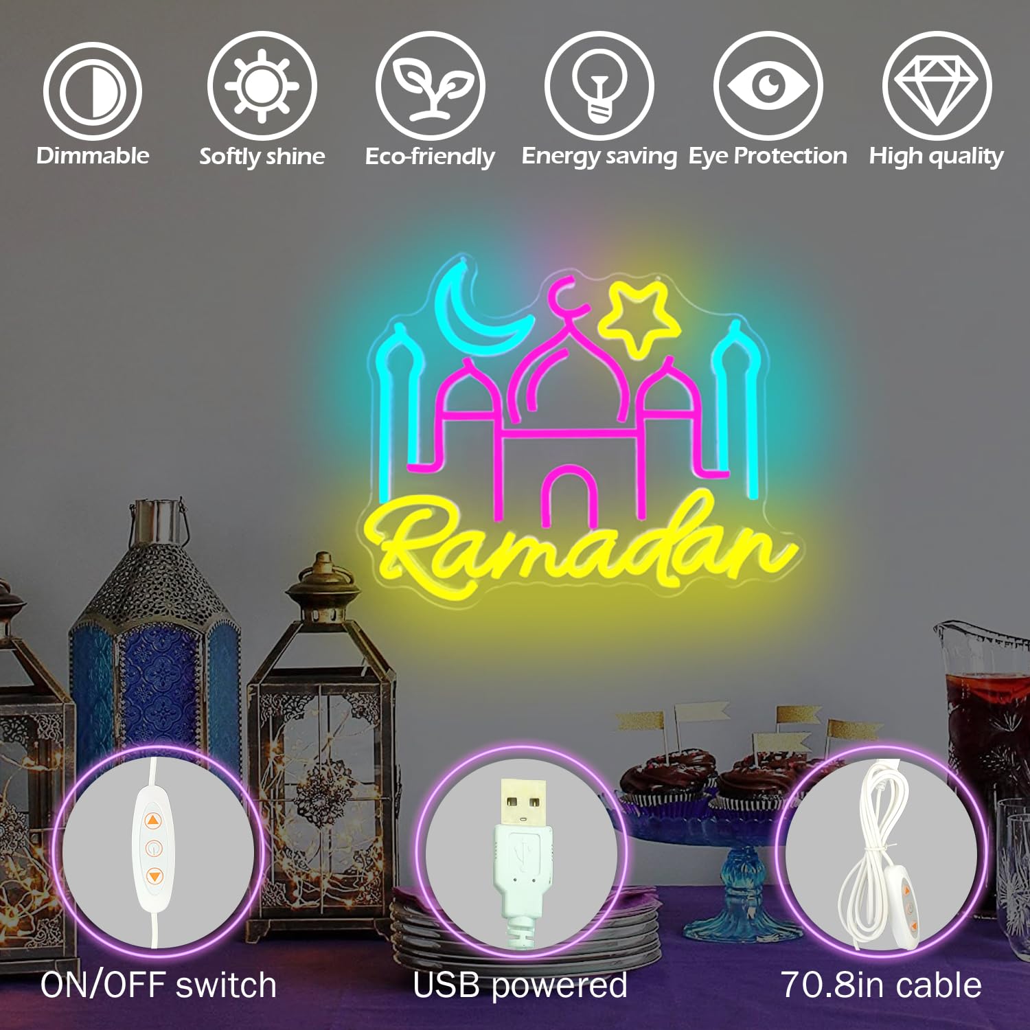 Ramadan Neon Sign Ramadan Decorations For Home Dimmable Neon Lights Mosque Led Sign Muslim Islamic Wall Decor Light Up Sign Ramadan Gifts For Kids Women