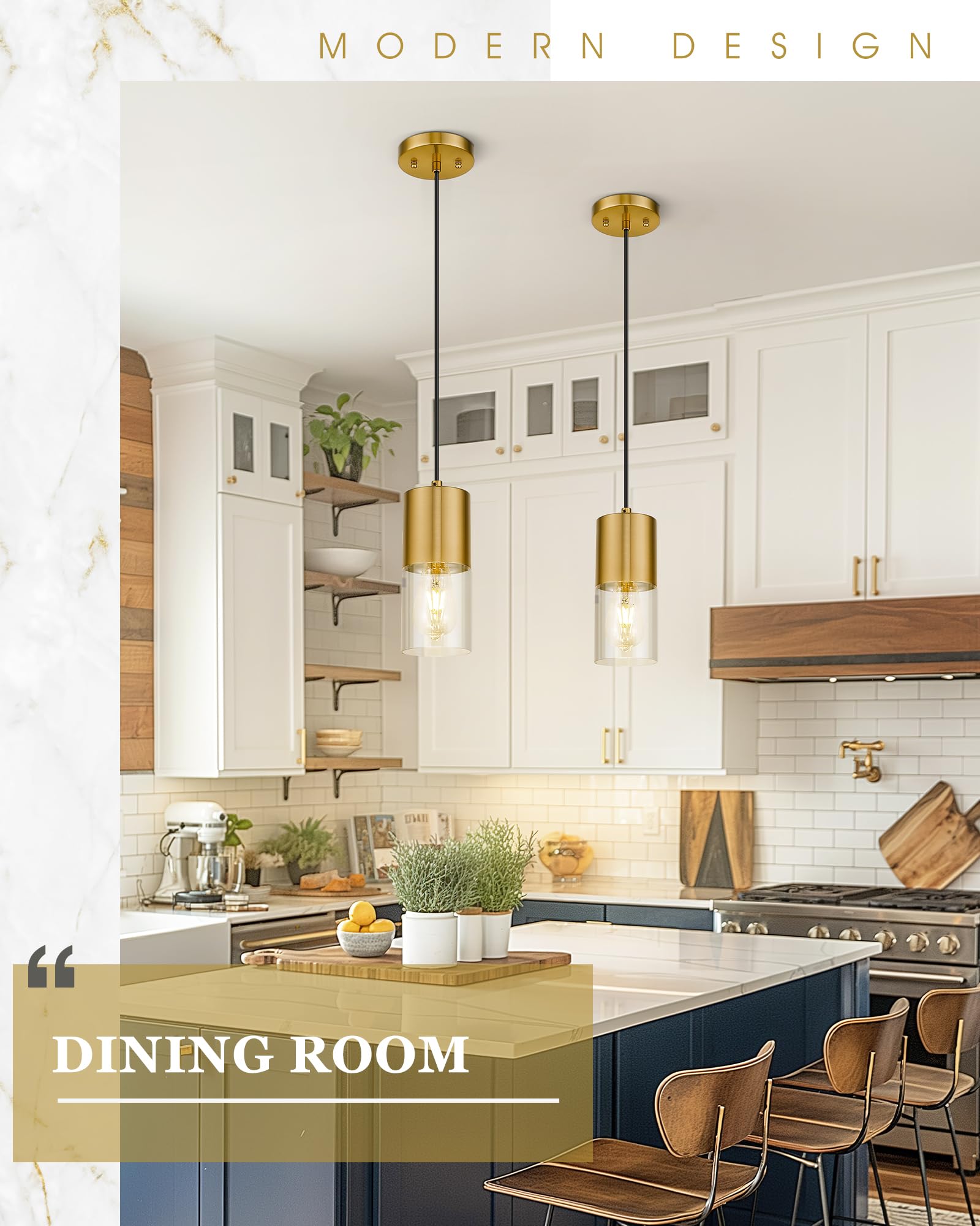 Audickic 2-Pack Pendant Lights Kitchen Island  Brushed Gold Shade Hanging Lights Fixtures With Cylinder Clear Glass  Brass Kitchen Pendant Lighting Over Island For Dining Room  Ad-24023-1P2-Gd