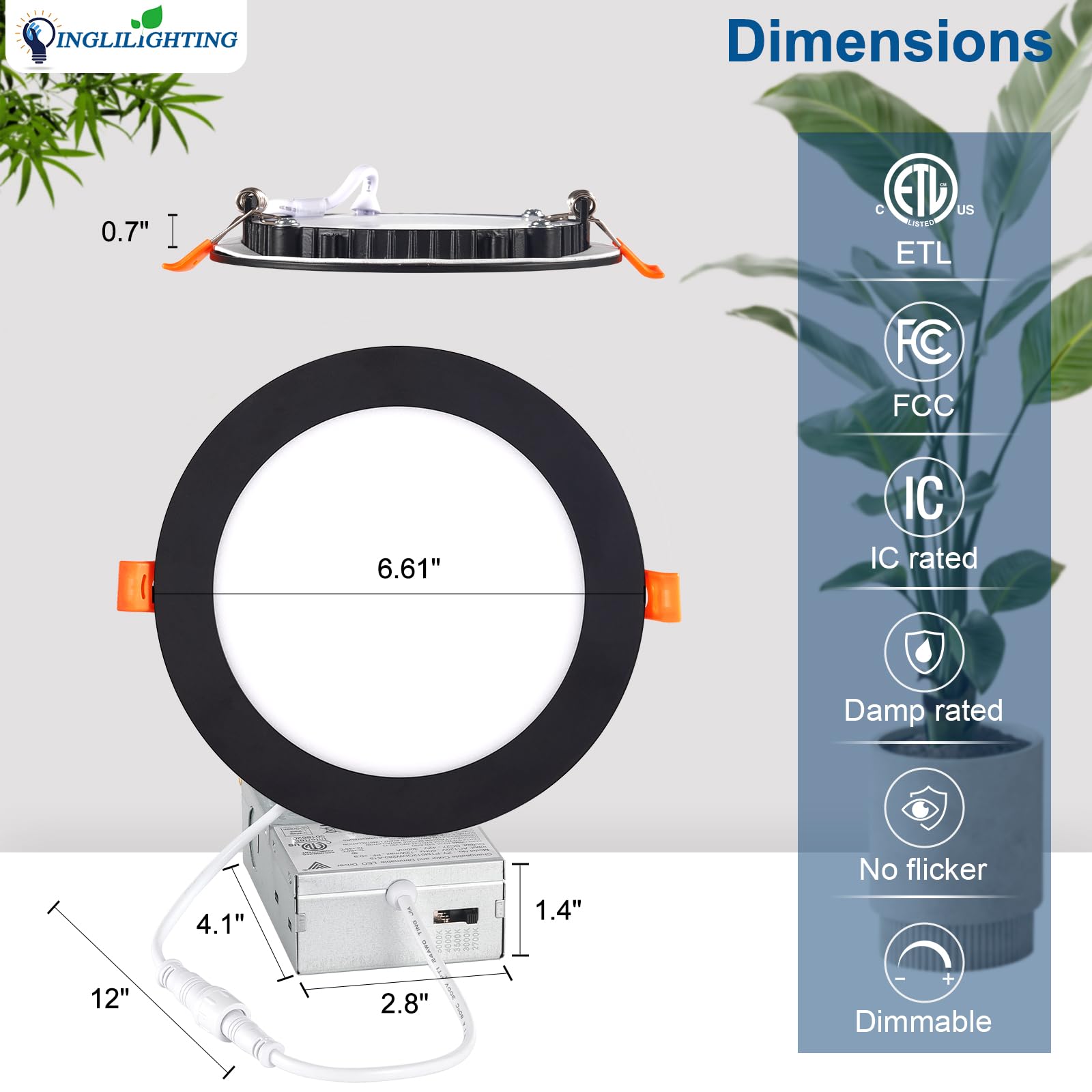 Dllt Led Recessed Ceiling Lights: Black 12 Pack 8 Inch 5Cct Ultra-Thin Lighting With Junction Box For Bedroom - 1800Lm Brightness 18W Eqv 170W Dimmable Canless Wafer Downlight With Etl&Fcc