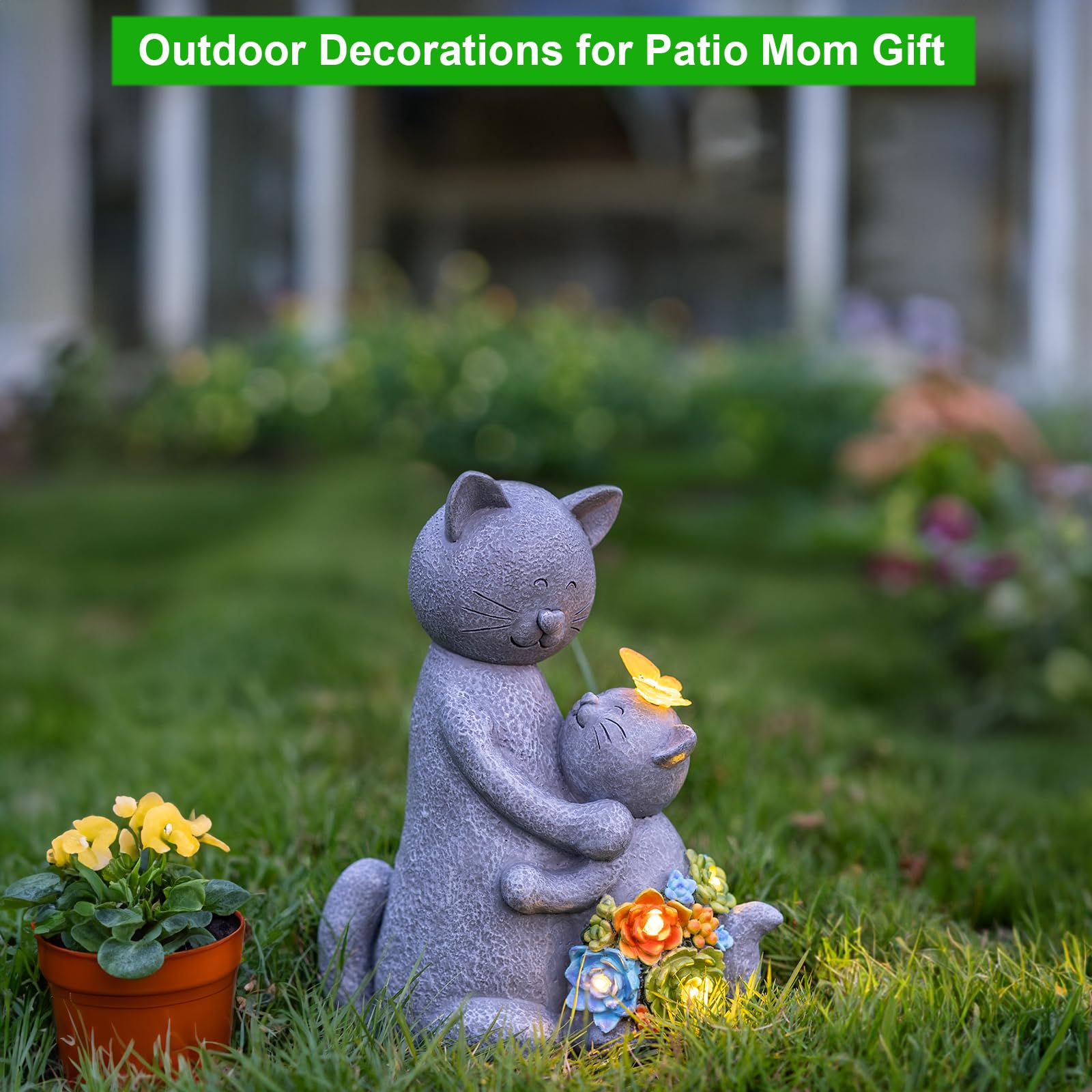 Solar Garden Statues Loving Cat Figurine Lights For Outside, Yard Decorations Outdoor, Garden Christmas Decor Unique Birthday Ho