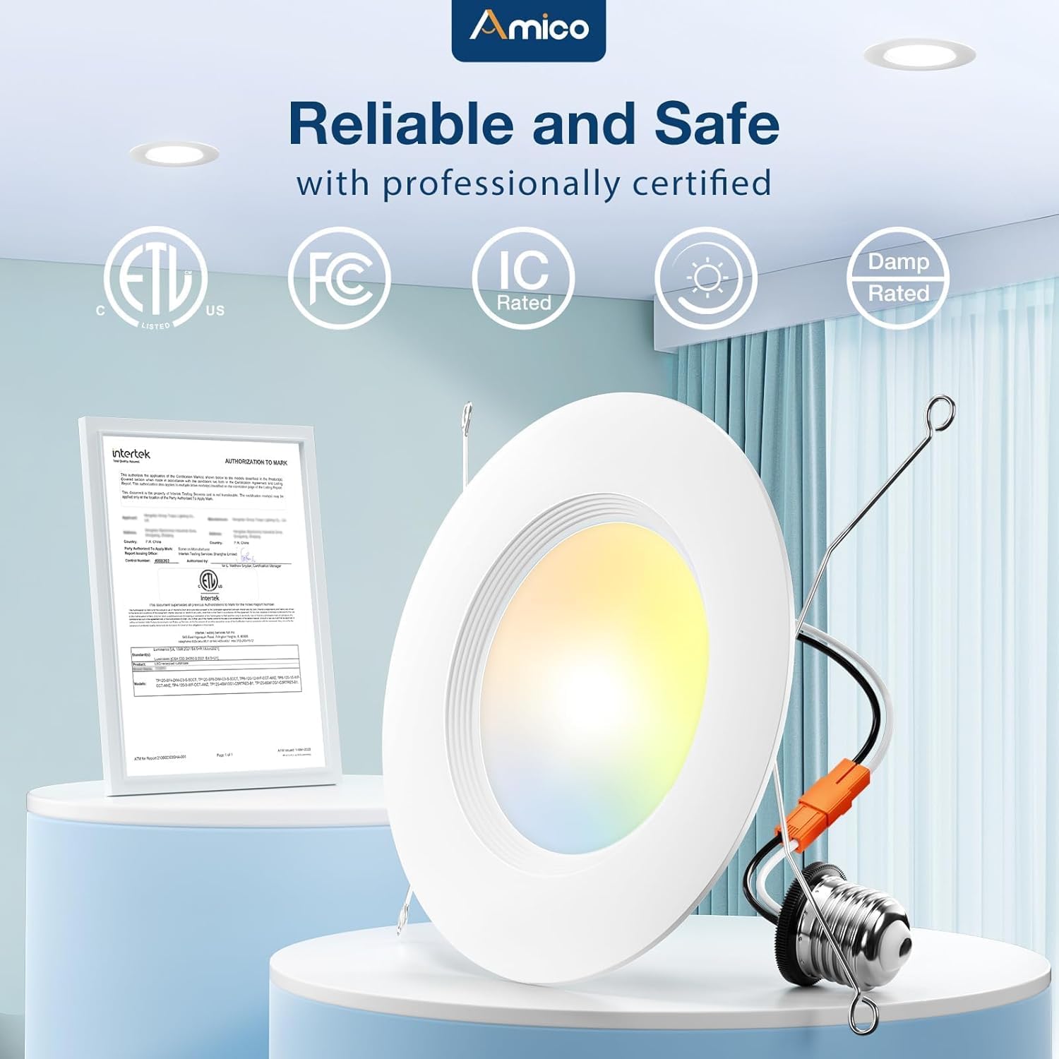 Amico 5/6 Inch 5CCT LED Recessed Lighting, Dimmable, 950LM, IC Rated, Retrofit, White, Model TP120-RT6-5C