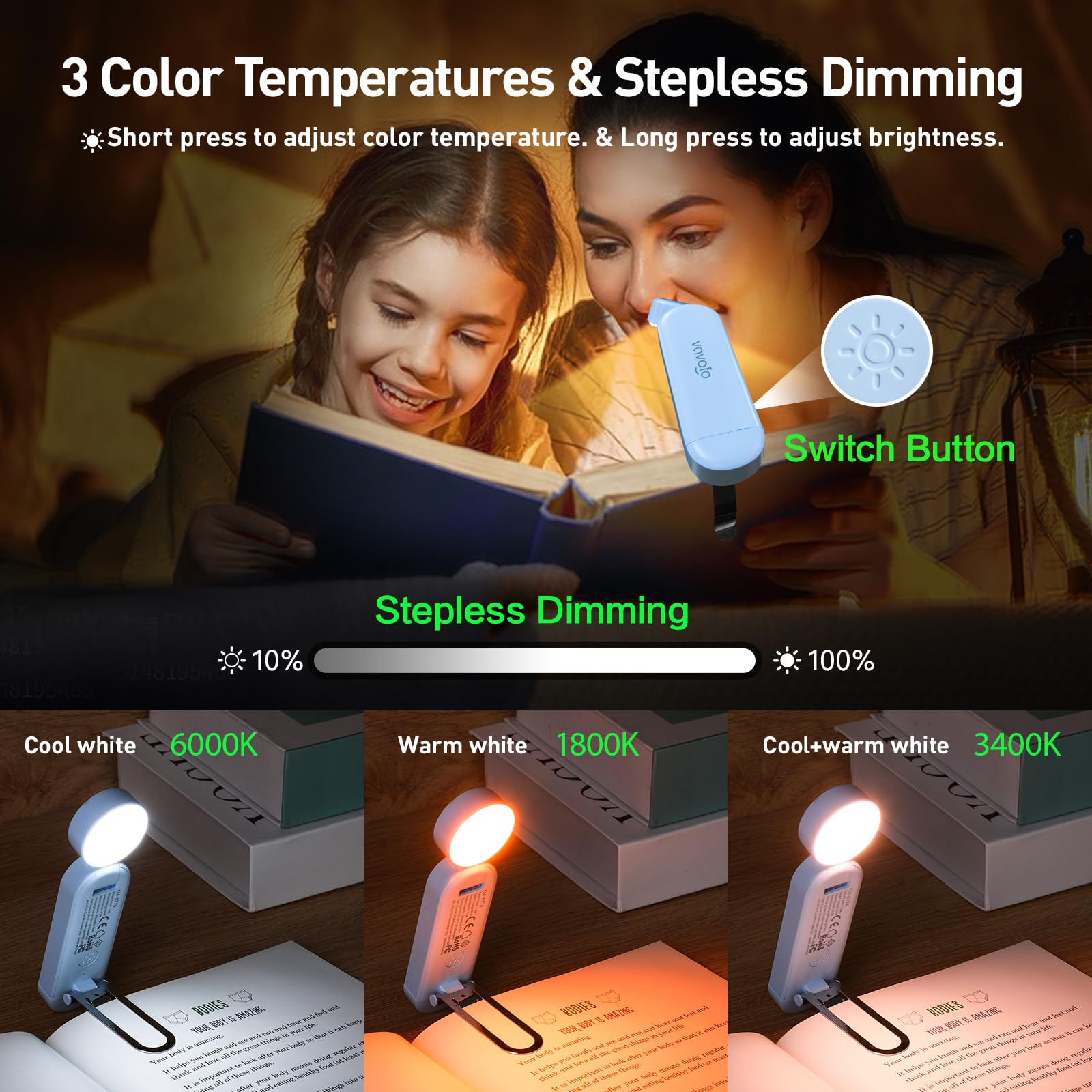Vavofo Usb Rechargeable Book Light, Blue Light Blocking, Amber Light Clip On Bookmark Shaped Reading Light, Eye Care 6 Leds Book Light For Bookworms Reading In Bed With 9 Lighting Modes (Light Blue)