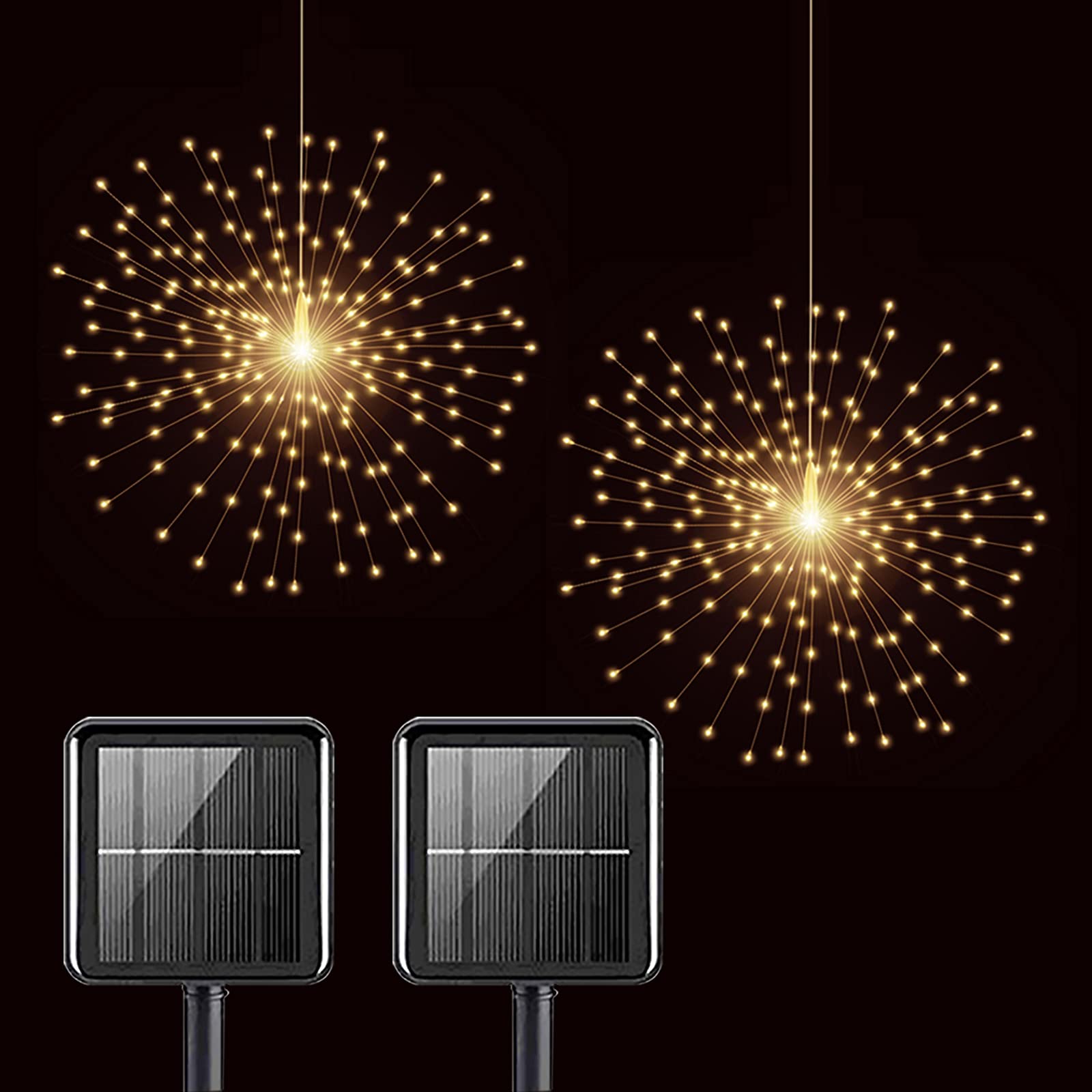 PXBNIUYA 2 Pack Solar Starburst Sphere Lights,200 LED Firework Lights 8 Modes Waterproof Hanging Fairy Light, Copper Wire Lights