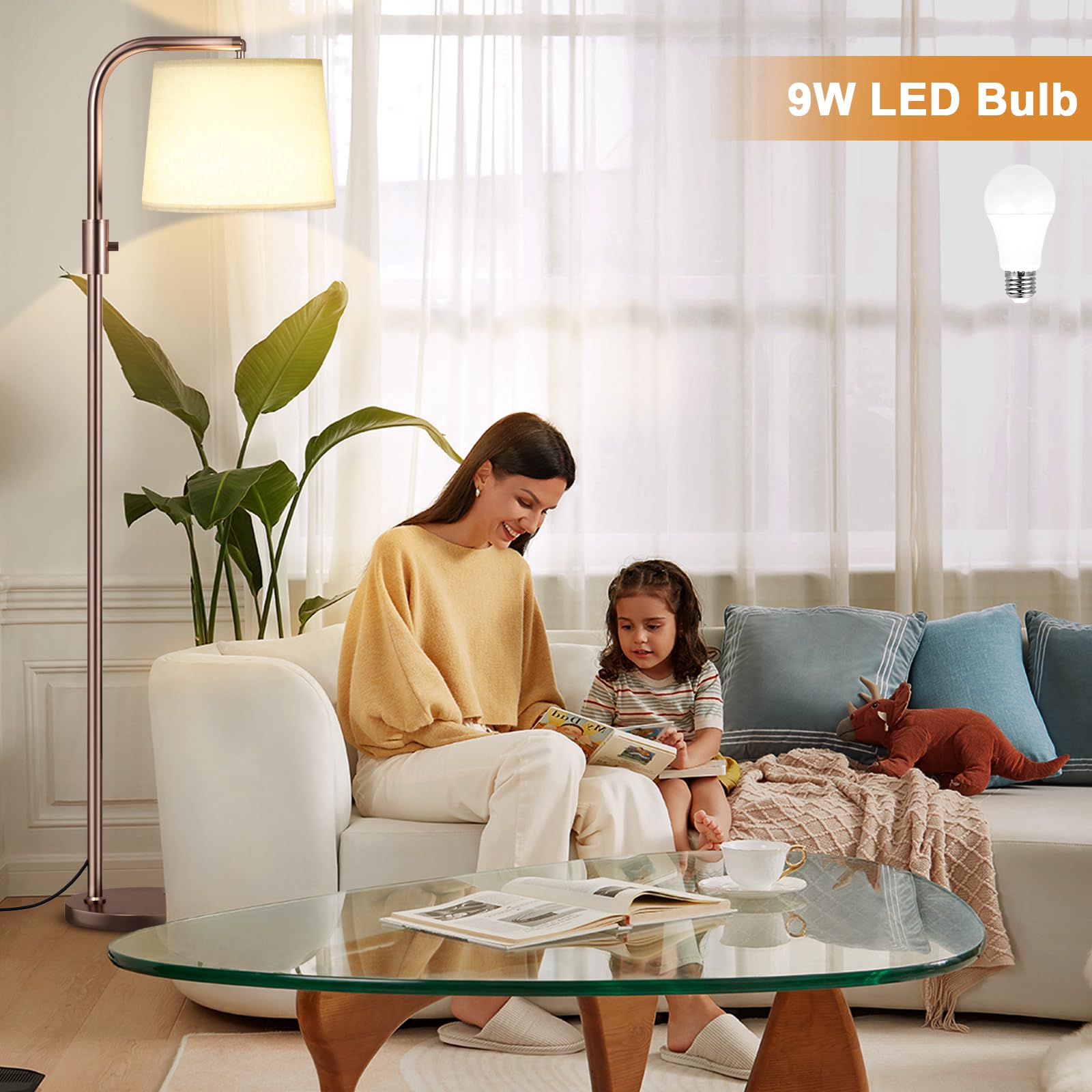 Ambimall Floor Lamp - Fully Dimmable 9W LED, 63.4in Tall, Iron, Brown and Light Beige