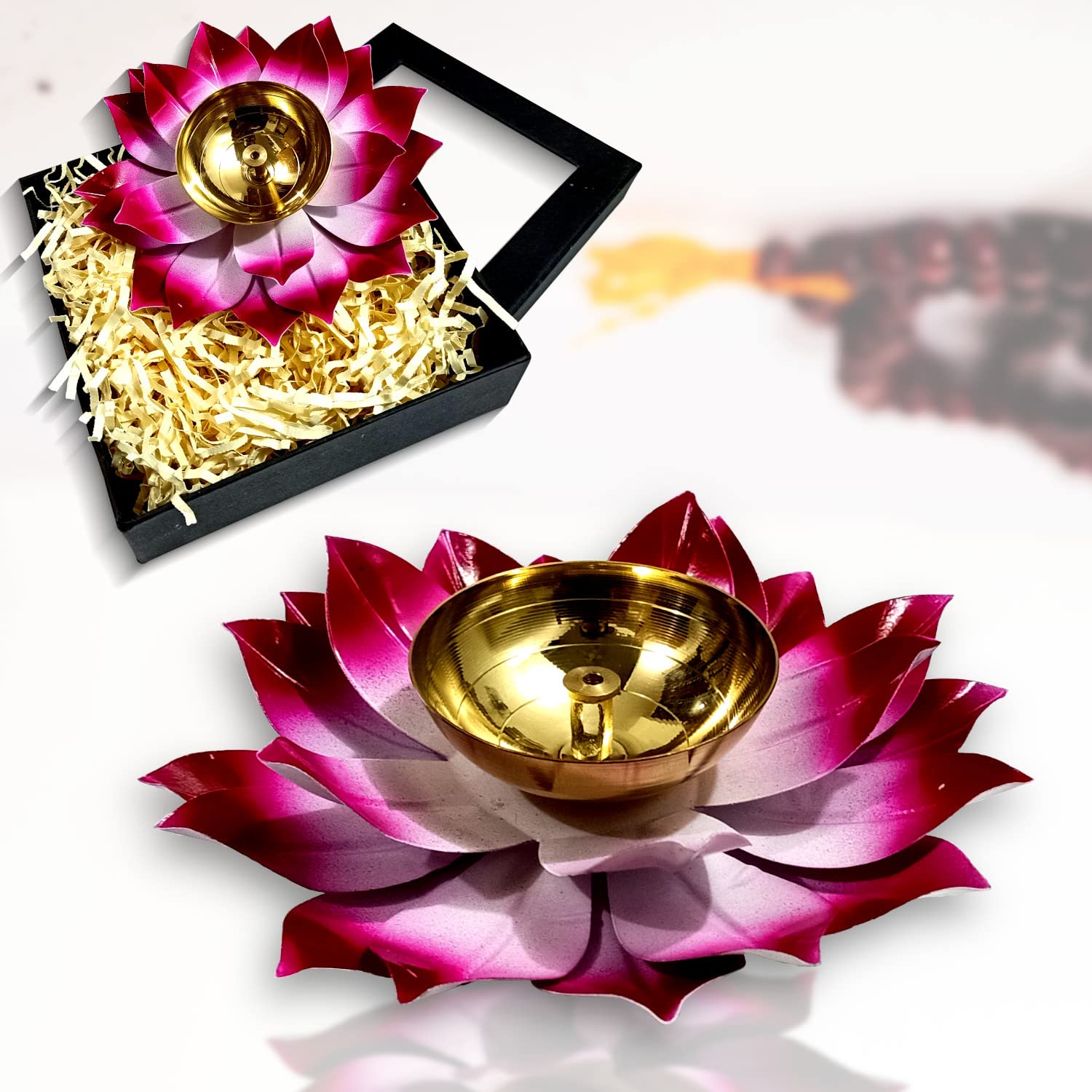 Lamina Set of 2 Lotus Shaped Large Size Brass Diya for Puja (6inch Pink Petals) Center Wick Holder Pital Akhand Kamal Deep Vilak