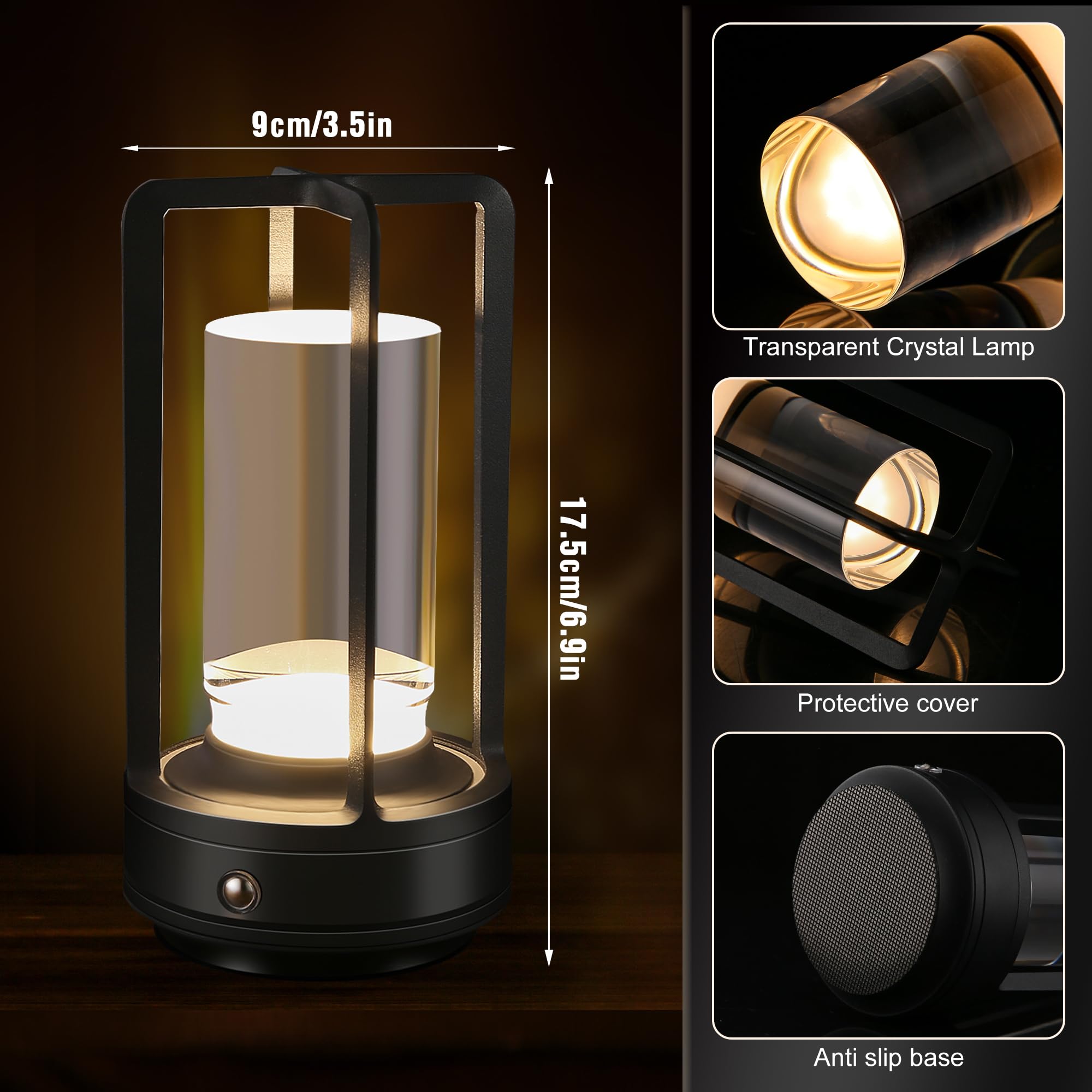 Grasomtools Portable Metal Table Lamp,Cordless Table Lamp, Rechargeable Battery Operated Lights, Led Table Lamps, 3 Color Stepless Dimming Touch, For Bedroom Restaurant Home Outdoor (Black)