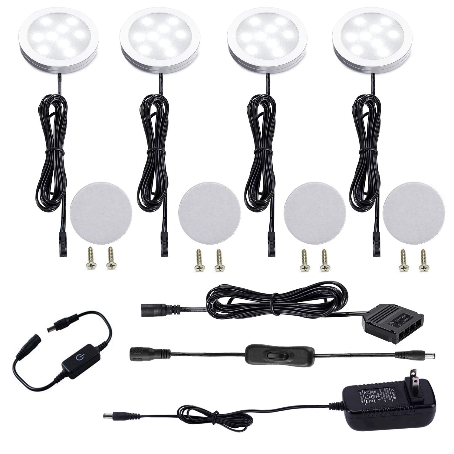AIBOO Under Cabinet LED Puck Lights Kit, Touch Dimming Switch, 4 Lights, 6000K Daylight White, Model touch4-cw