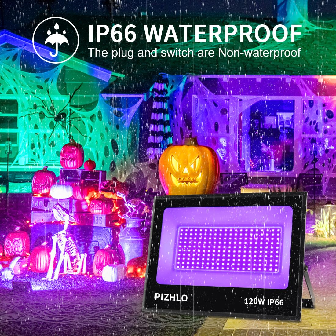 2 Pack 120W Led Black Light, Blacklight Flood Light With Plug & Switch, Ip66 Waterproof Outdoor Black Light Spotlight For Dance