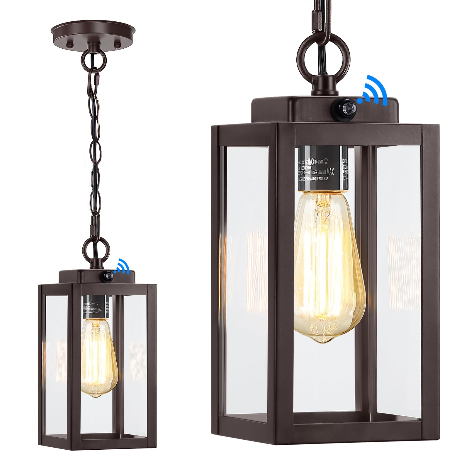 11'' Outdoor Pendant Light, Dusk to Dawn Modern Outside Chandelier Outdoor Hanging Lantern Light, Matte Brown with Clear Glass, 