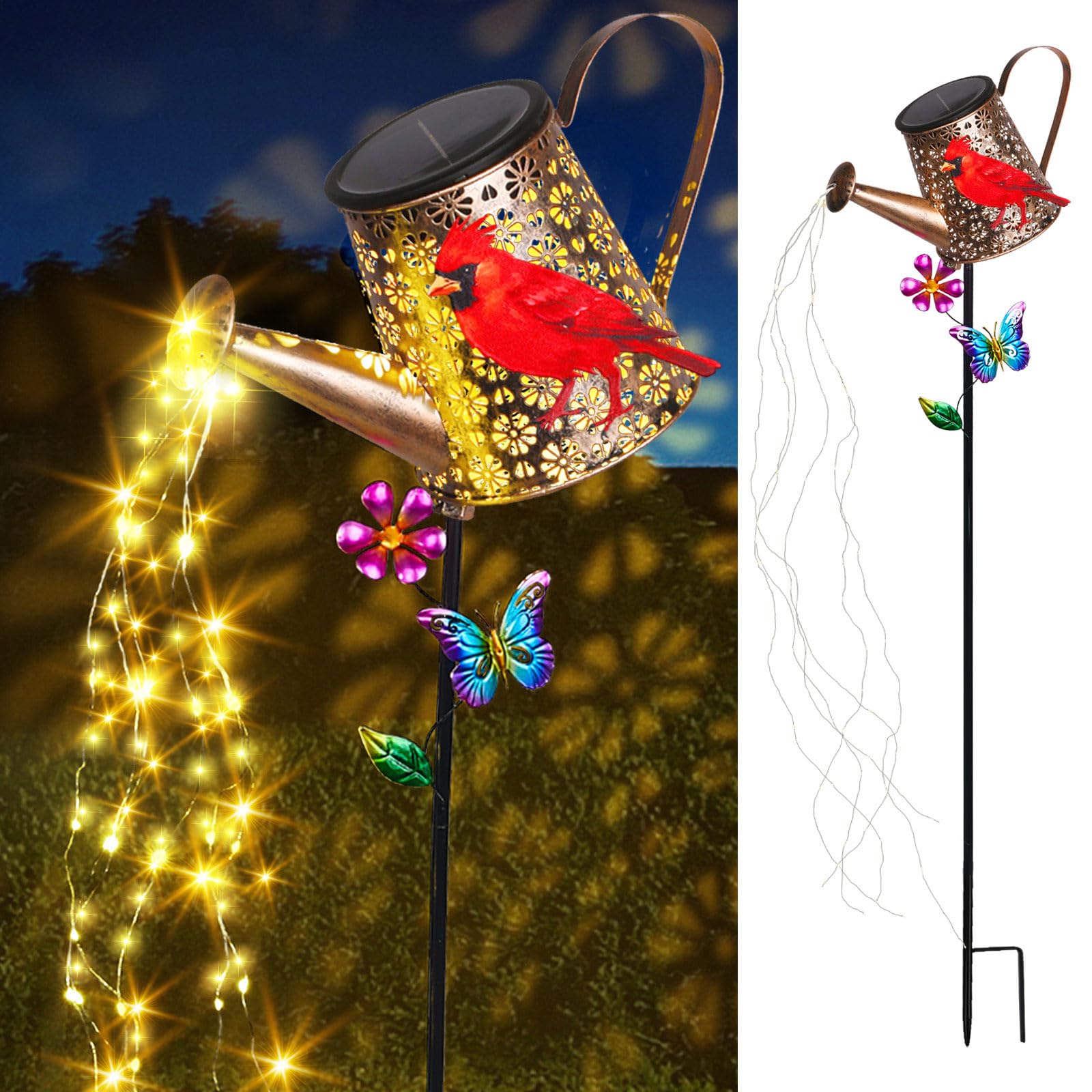 Solar Lights Outdoor Decorative, 39.4'' Metal Solar Watering Can Lights With Red Cardinal, Waterproof Garden Stake For Yard Lawn