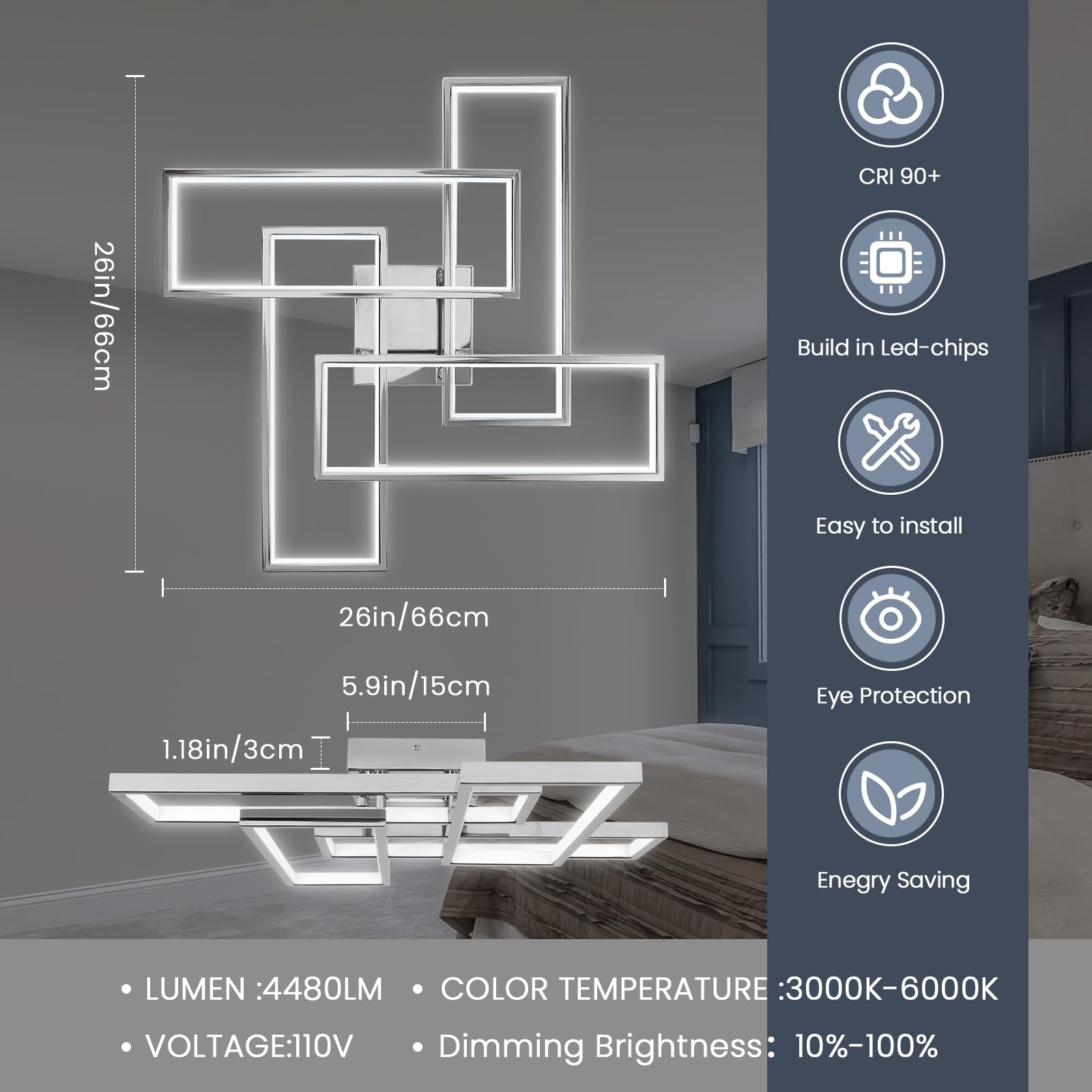 Sovinzert Dimmable LED Ceiling Light 26In Modern Chrome 4-Square Fixture with Remote Control for Living Room, Kitchen, Bathroom, Dining Room