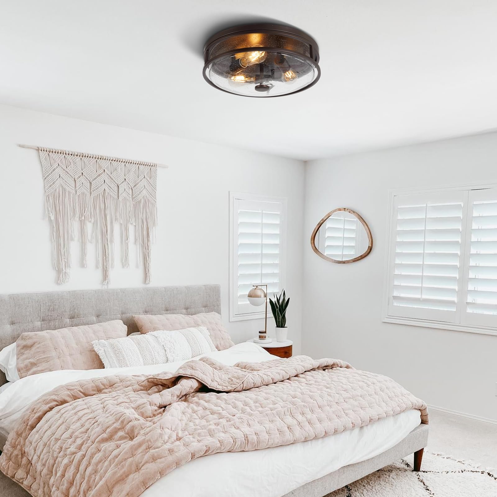 Rosient 16 Inch Large Flush Mount Ceiling Light Fixture With Seeded Glass, Bronze Round Ceiling Lamp Shade, Modern Farmhouse Ind