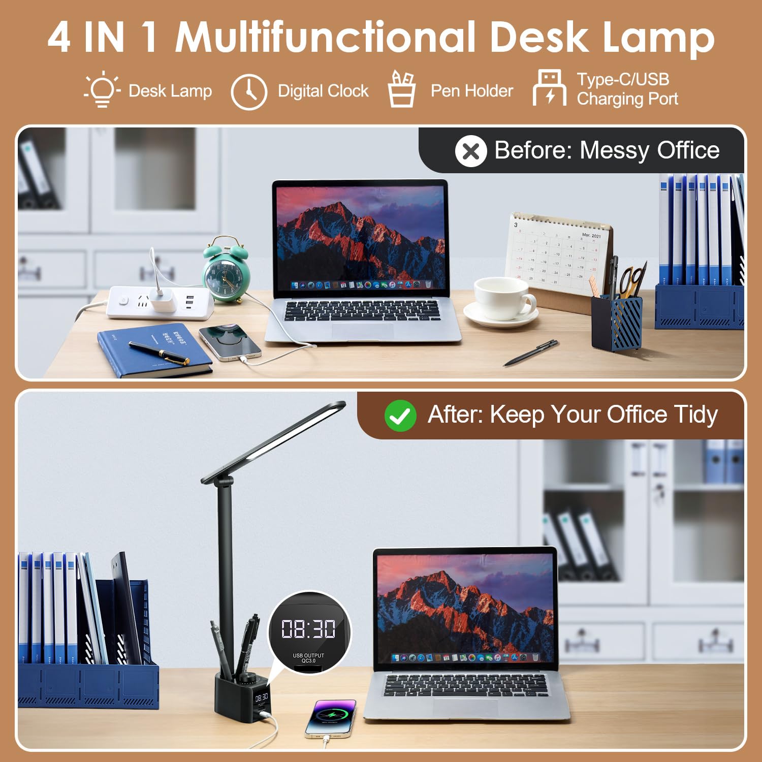 Desk Lamps For Home Office,5 Colors+11 Brightness Led Desk Lamp With Usb Charging Port+Clock+Pen Holder,700 Lumen Led Desk Light Desk Lamps For Office,Small Desk Lamp For Desk Lights For Home Office