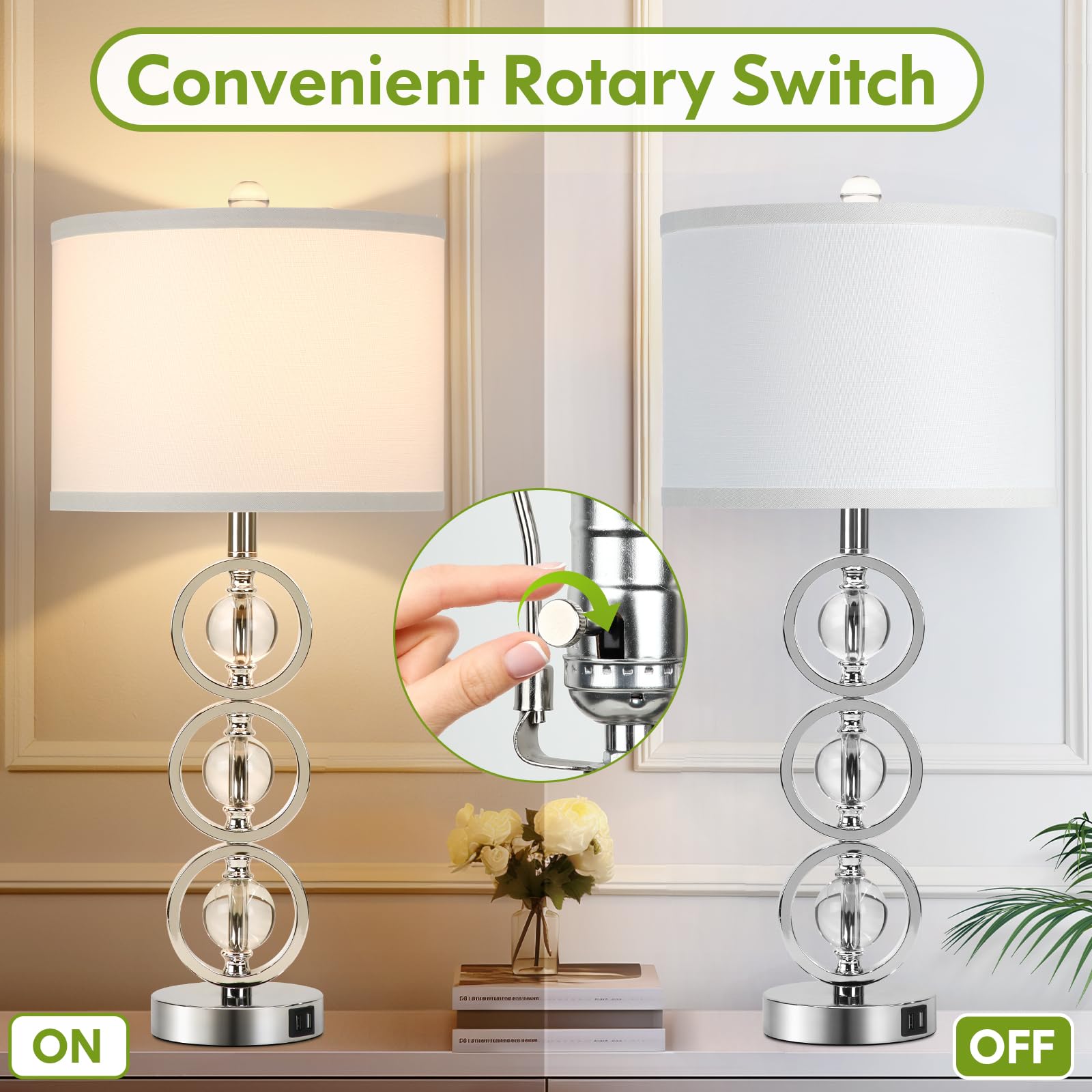 Set Of 2 Modern Silver Table Lamps With 2 Usb Charging Ports, 27 Tall Crystal Bedside Nightstand Lamp With White Fabric Shade, G