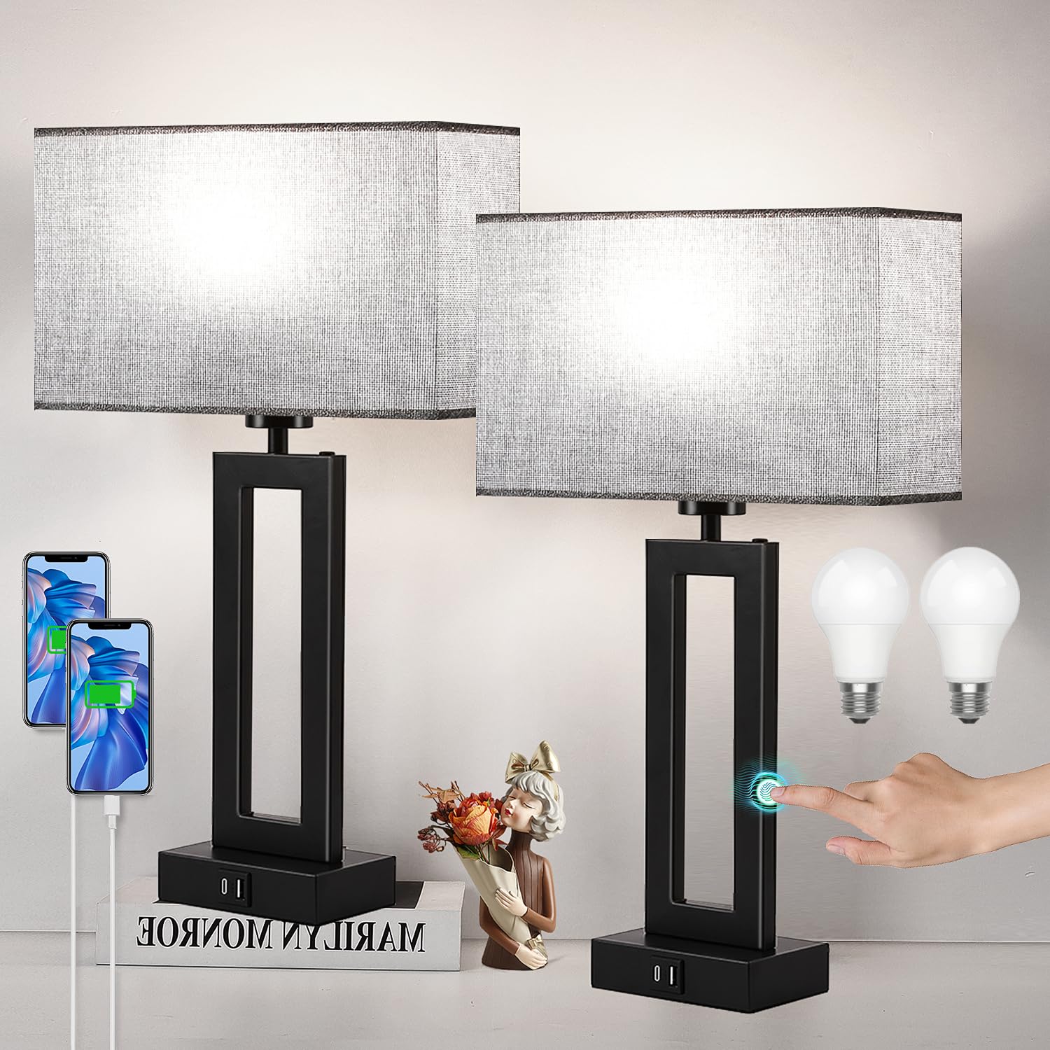 Modern Nightstand Lamps Set of 2 - Touch Control Bedside Table Lamps with USB C&A, 3 Way Dimmable for Bedrooms & Living Room, Gr