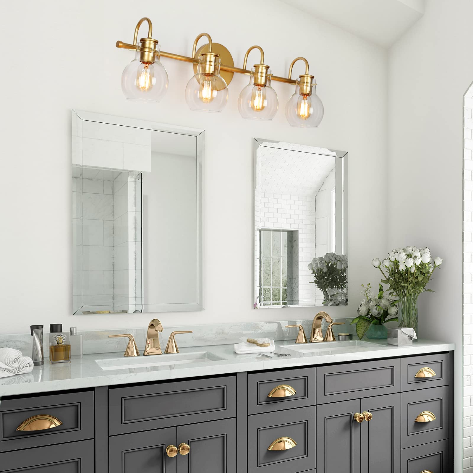 Ksana Bathroom Vanity Light, 4-Light 28.5'' Large Gold Bathroom Light Fixtures, Modern Vanity Lights For Bathroom With Globe Cle