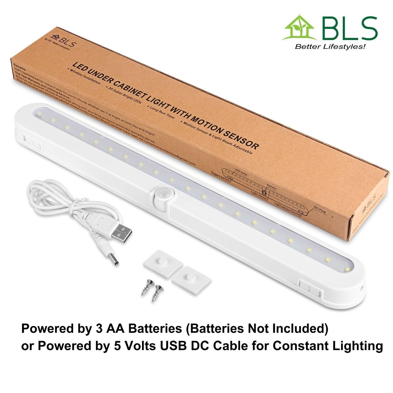 BLS T01L LED Closet Light - Wireless Motion Sensor, 20 Super Bright LEDs, Battery Powered, White, Adjustable Light Beam
