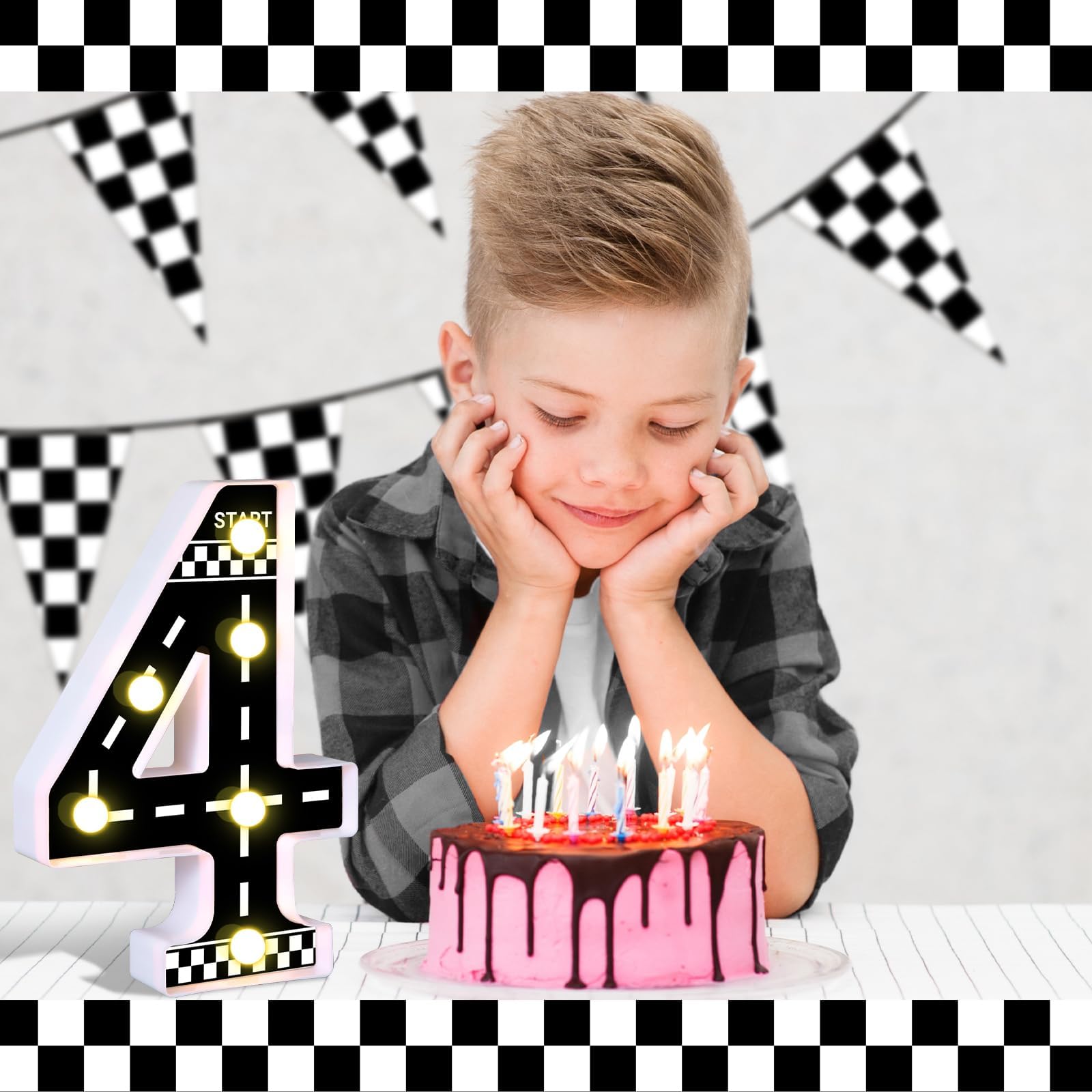 Racing Car Light Up Numbers Checkered Birthday Decorations Happy Birthday Light Up Sign Racetrack Inspired Decor Cars Theme Birt