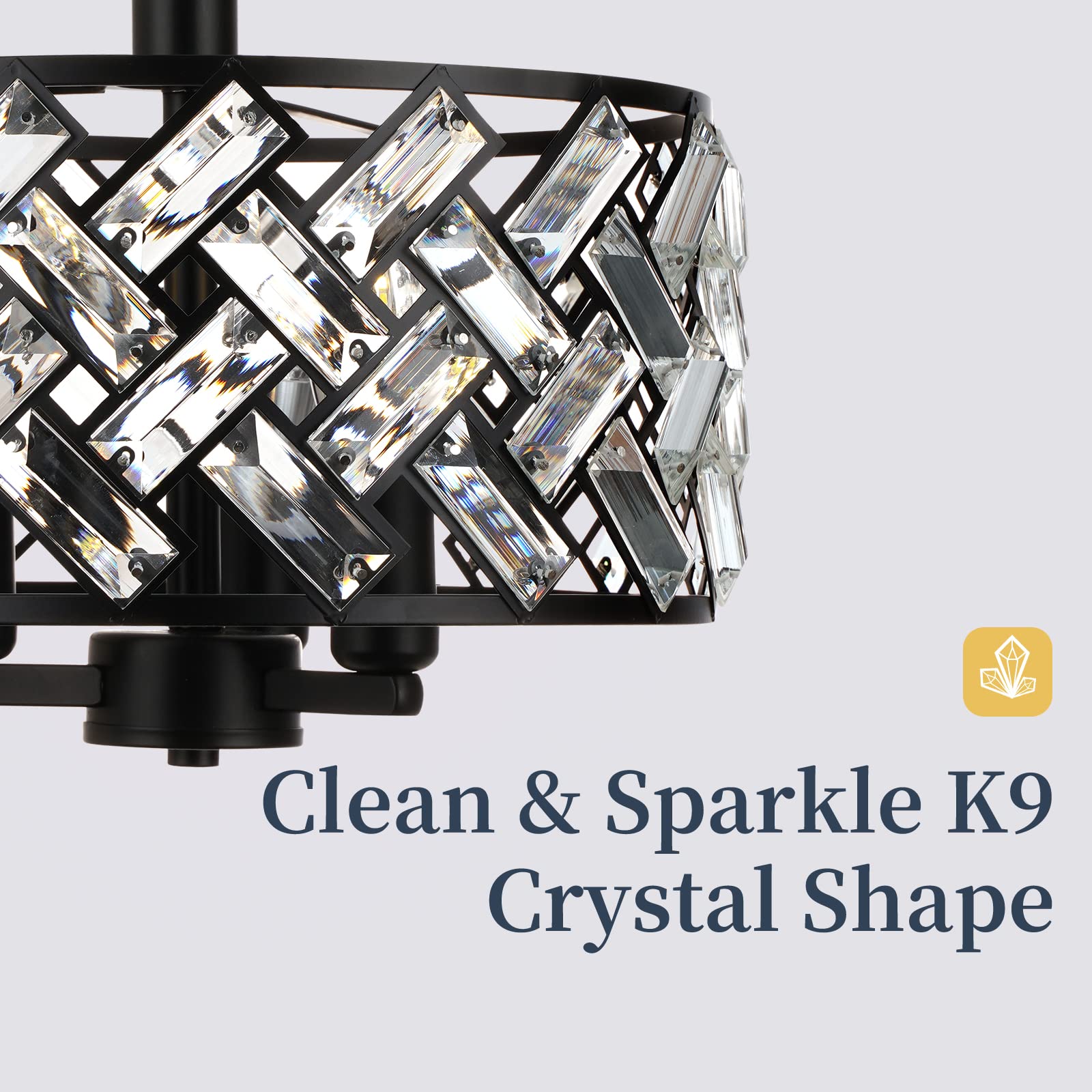 Frideko Home Semi Flush Mount Ceiling Light - 3-Light Crystal Ceiling Light Fixture Black Kitchen Light Fixtures For Bedroom Hal