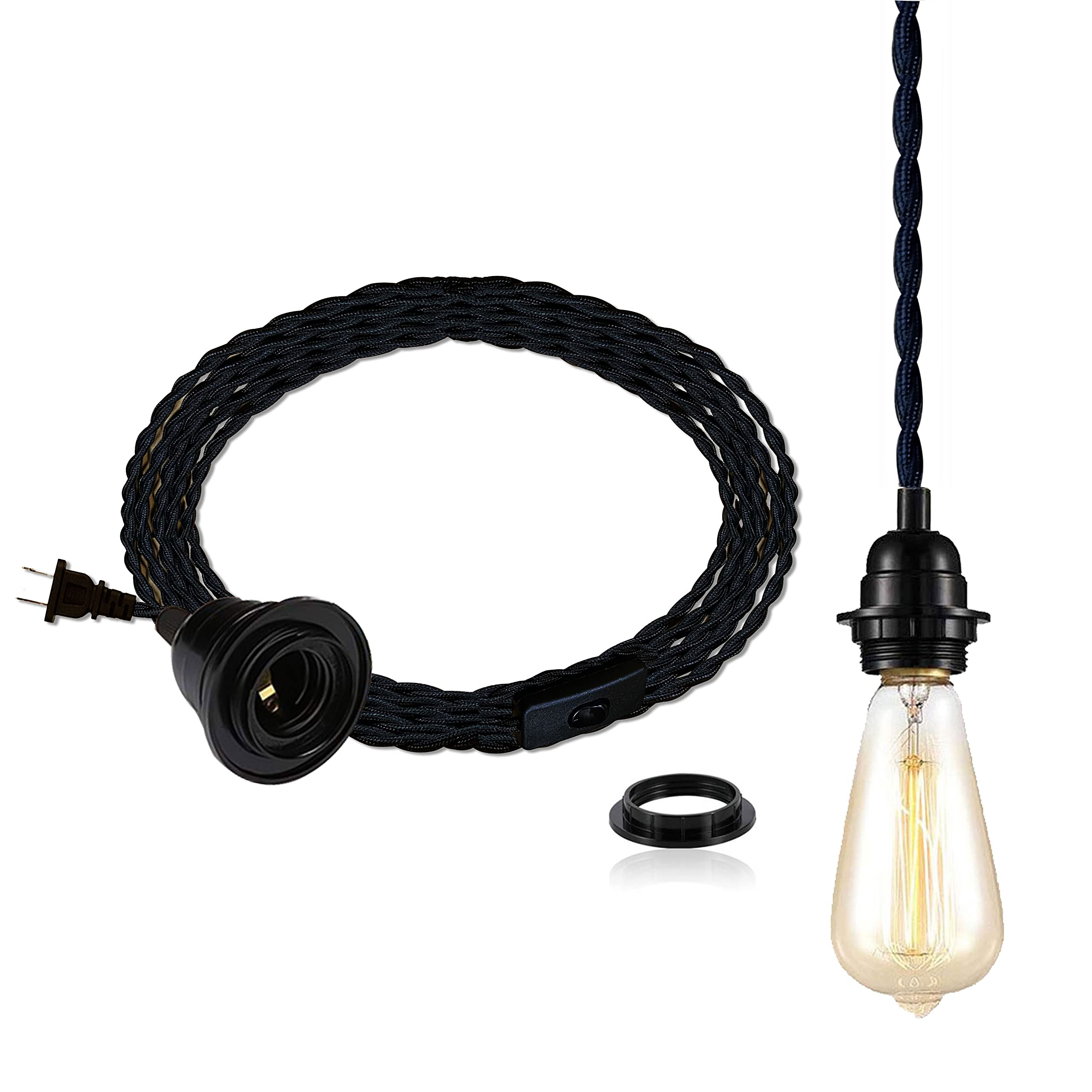 YIKEGE LICHT DIY Black Pendant Light Cord - Industrial E26 Socket, Twisted Hemp Rope, 15ft Length, Vintage Ceiling Light Fixture